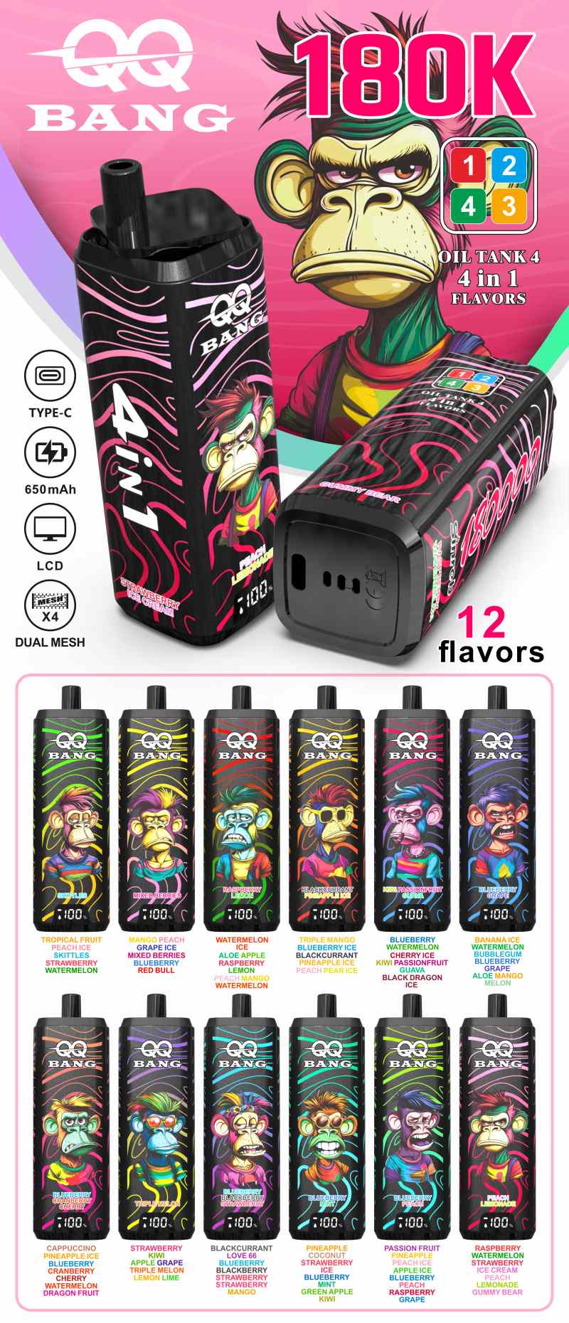 QQ BANG 180000 | 4-in-1 quad flavor, 180000 puffs, monkey design, bulk disposable vape 23 QQ BANG 180000 60ml 180k puff 14