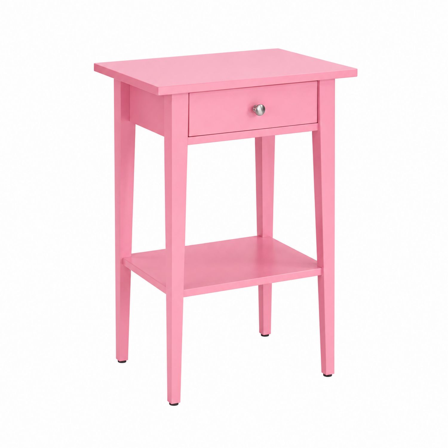 Mesita de noche de madera lacada rosa con cajón y estante