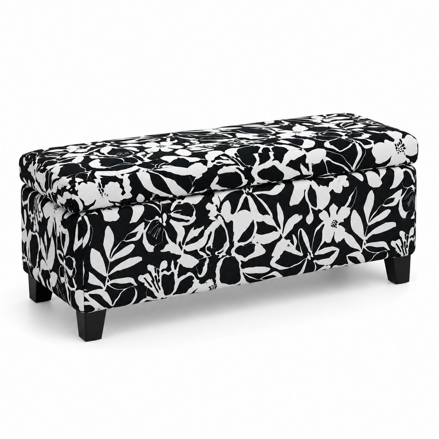 Banco tapizado con patrón floral blanco y negro con almacenamiento