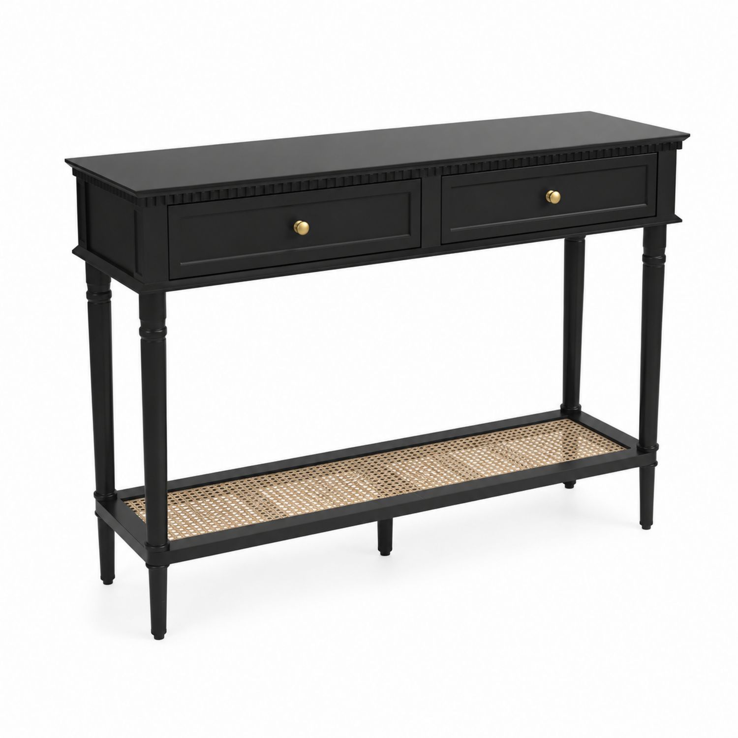 Mesa consola de MDF negro con cajones y estante de ratán