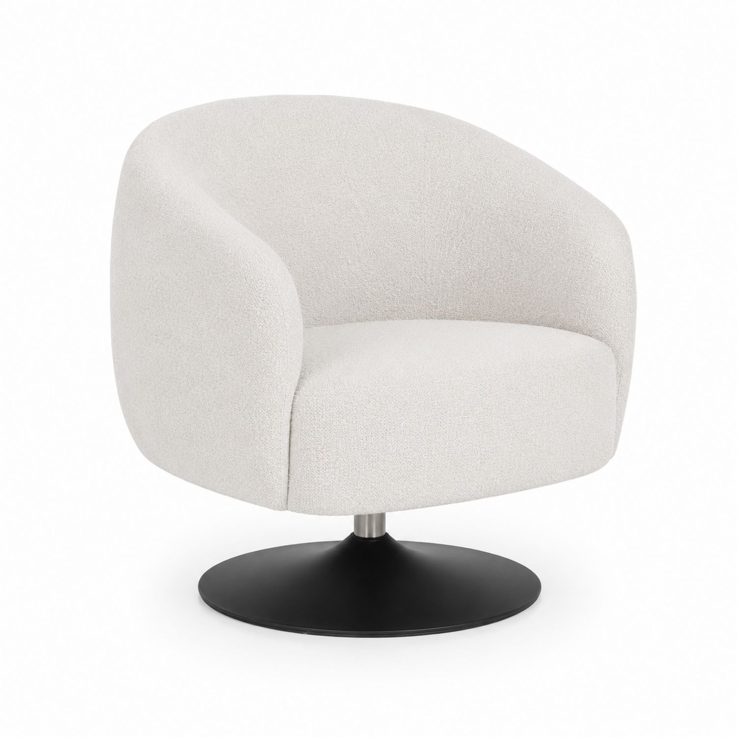 Silla giratoria con base de metal negra y tapizado bouclé blanco