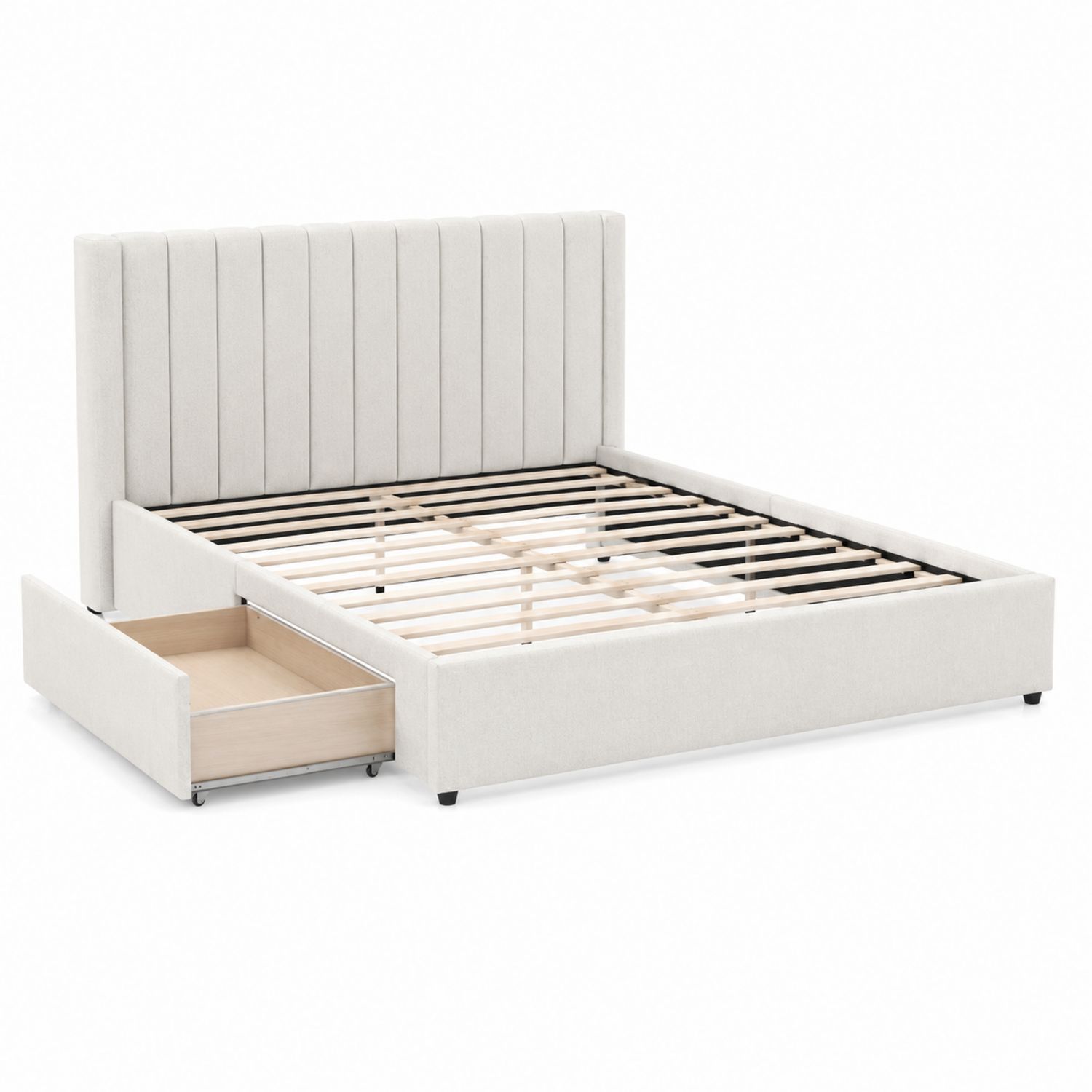 Cama tapizada con almacenamiento, madera y poliéster, beige 200 x 160 cm