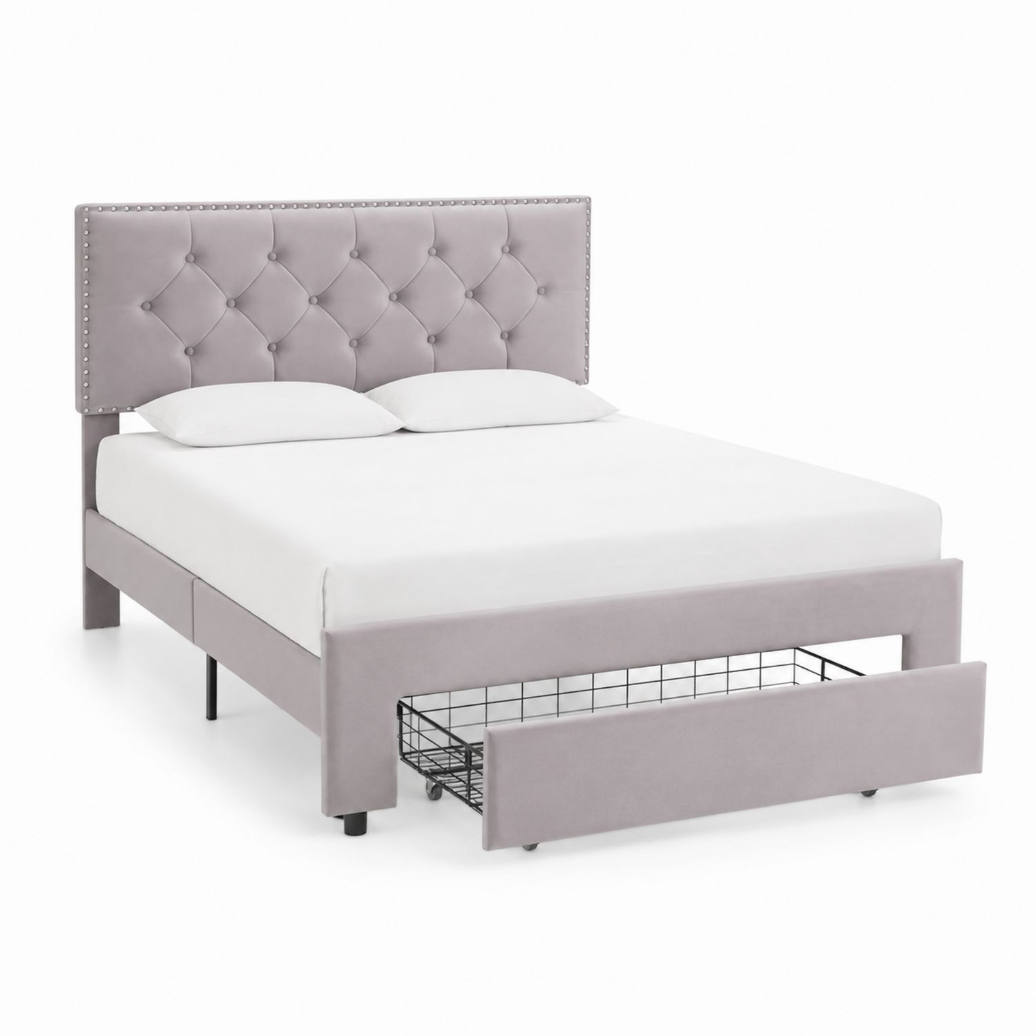 Cama de Matrimonio con Cabecero Acolchado de Terciopelo Gris y Almacenaje