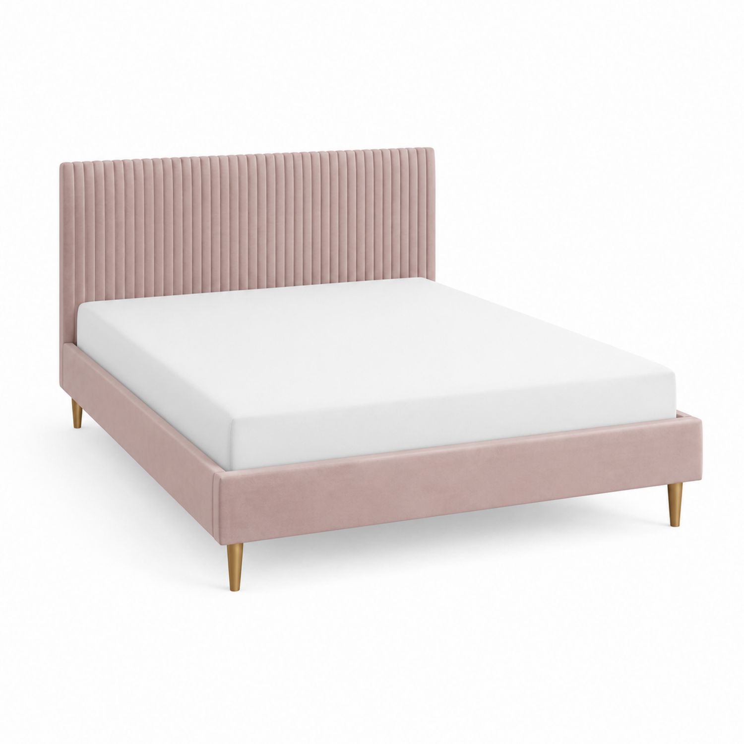 Cama doble de terciopelo rosa con patas de madera