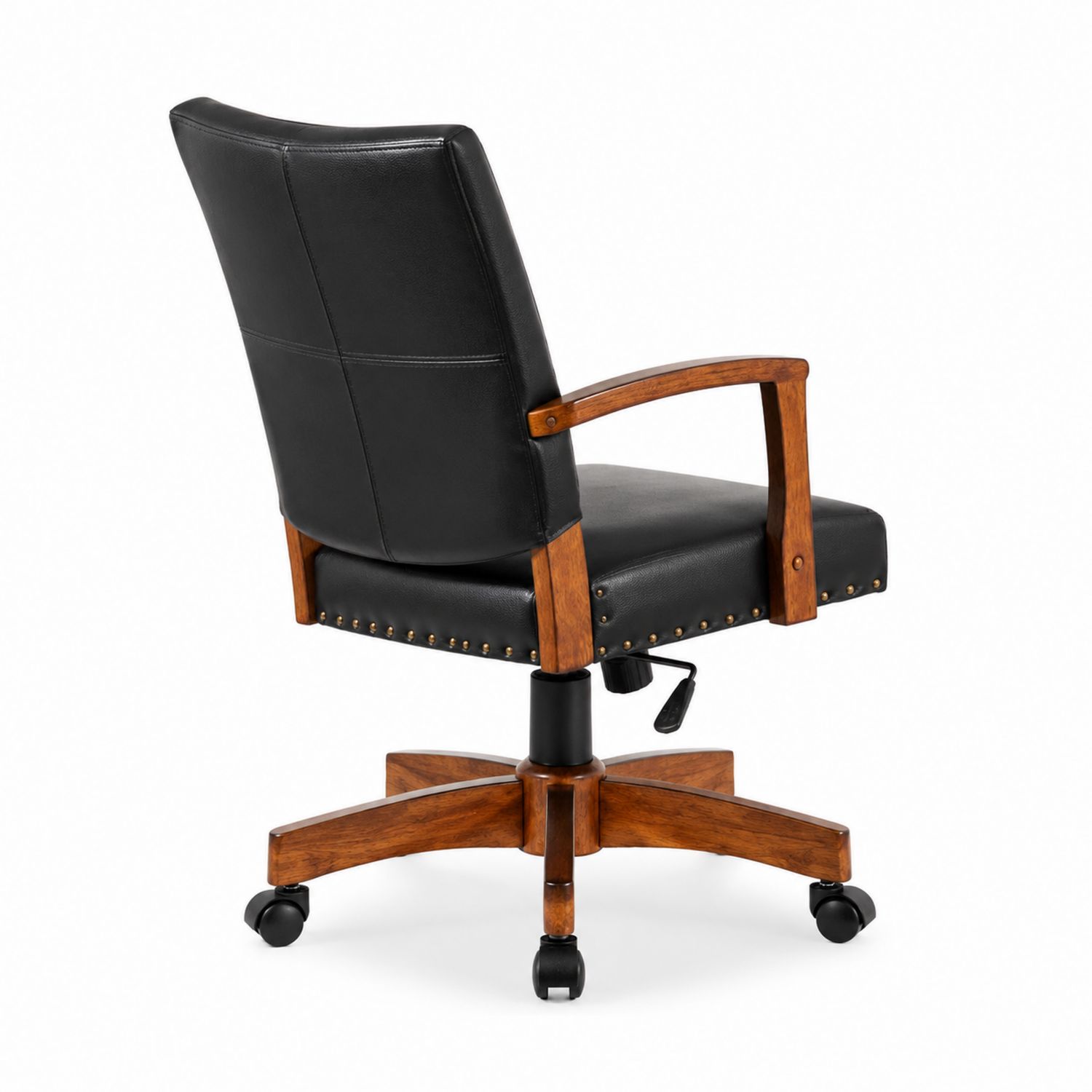Silla de oficina con estructura de madera y tapizado en cuero sintético negro