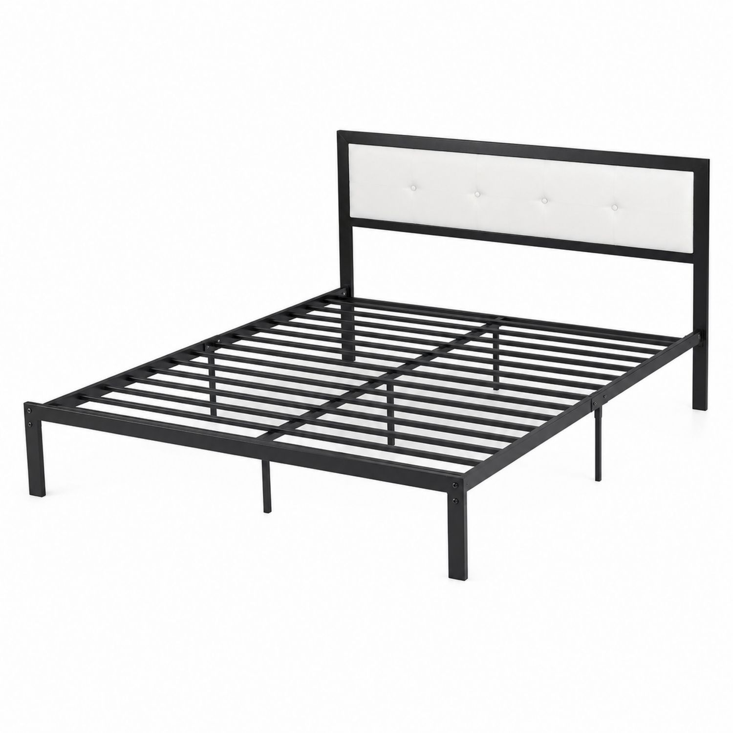 Cama doble de metal con cabecera de cuero sintético blanco