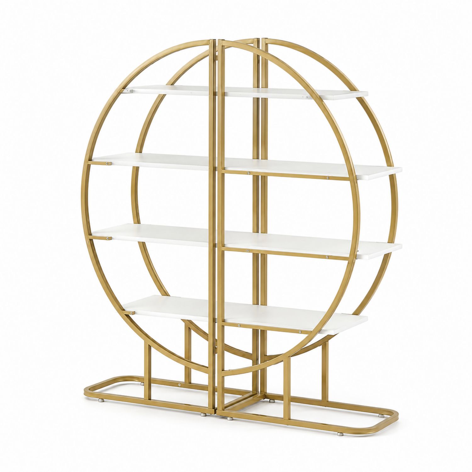 Estantería circular de metal dorado y estantes de MDF blanca, 180 cm