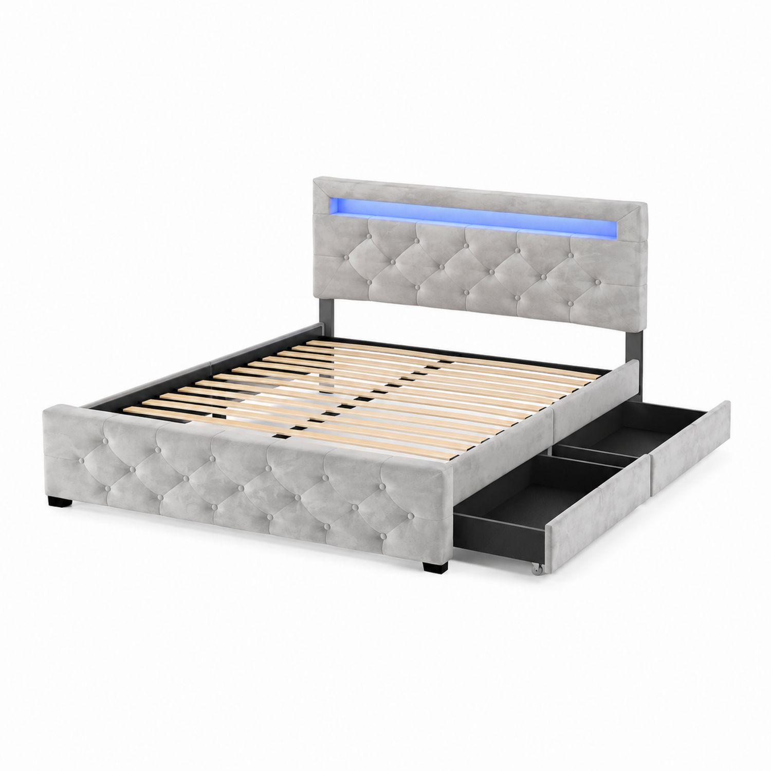 Cama con cajones de almacenamiento y luz LED 200x160 cm Terciopelo Gris