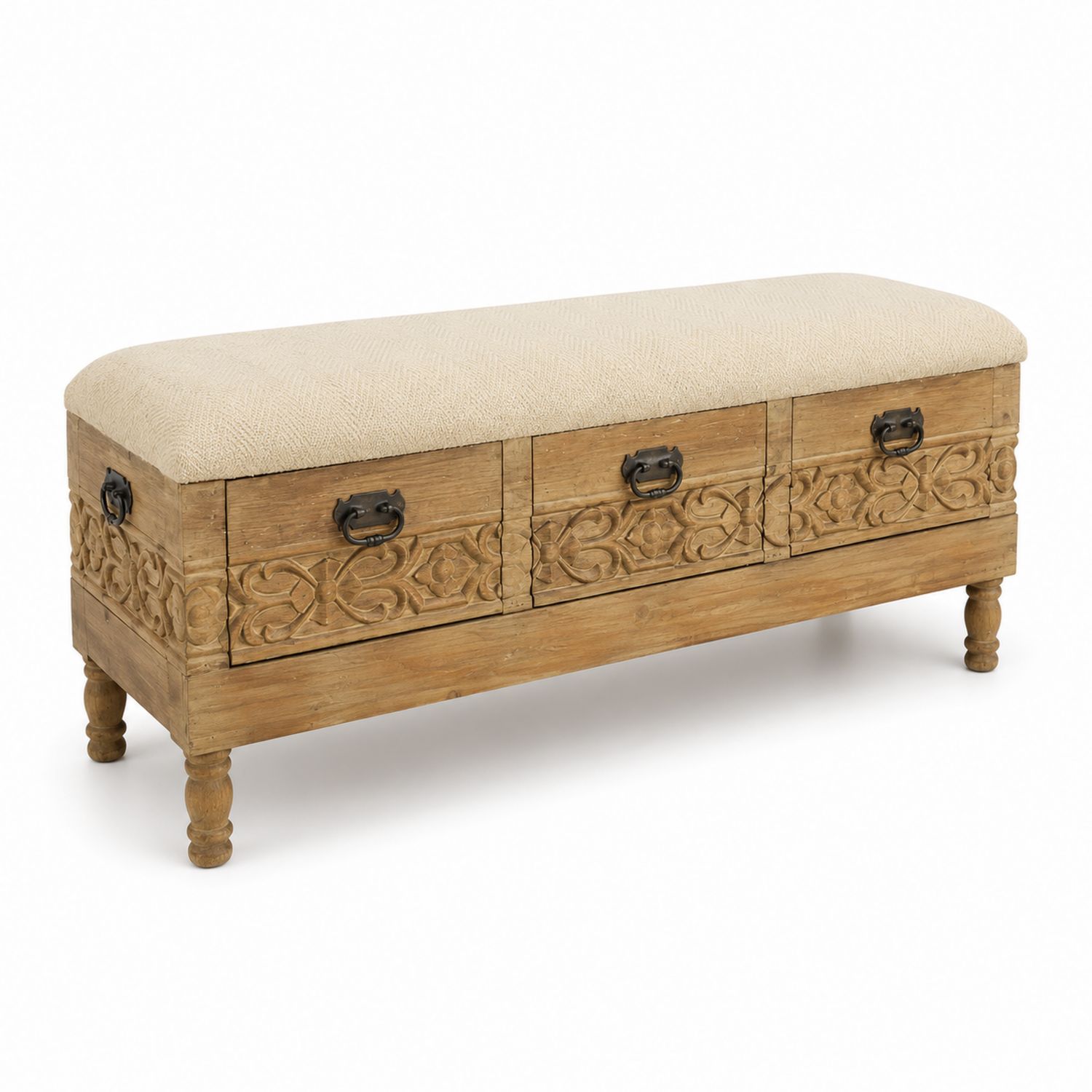 Banco de madera con tapizado beige y cajones