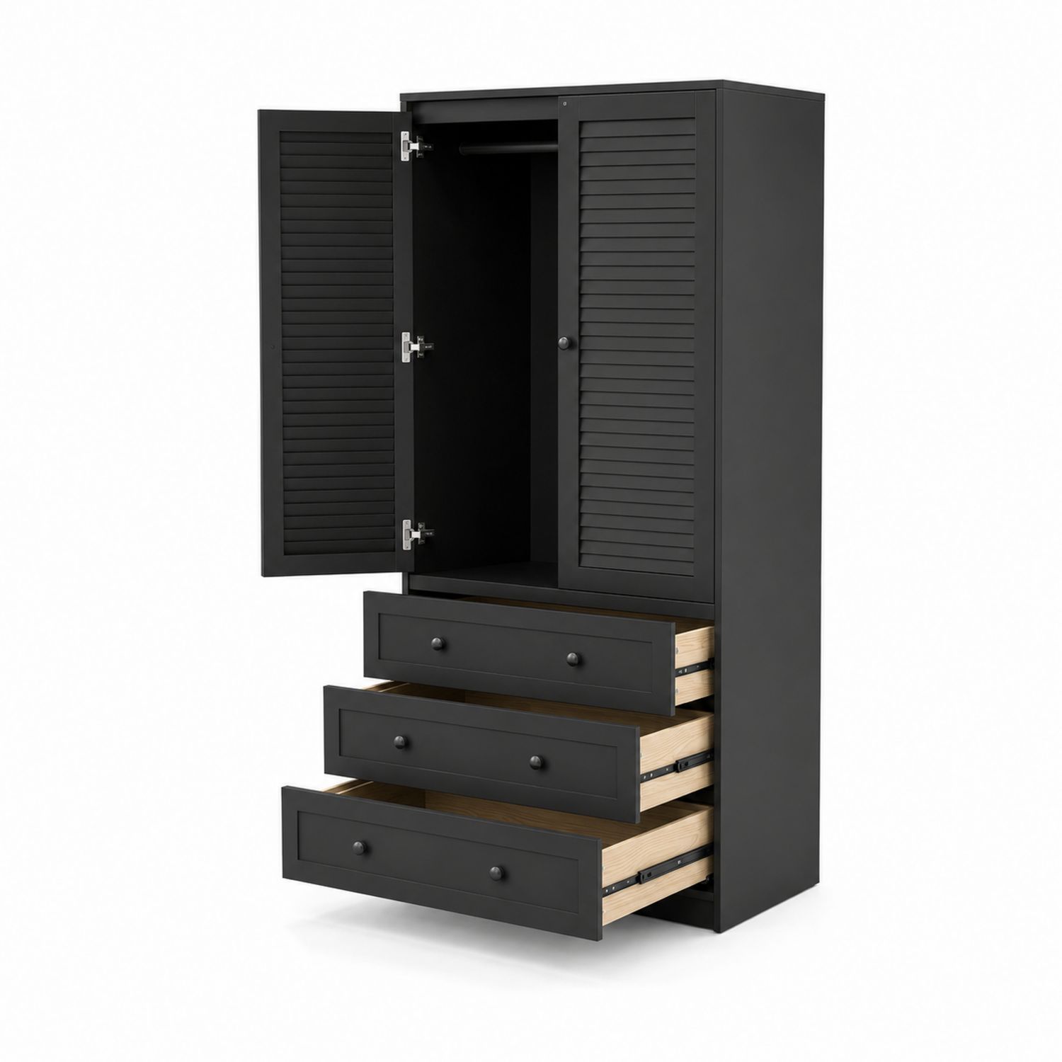 Armario de madera con puertas de lamas y 3 cajones negro 60x40x185 cm