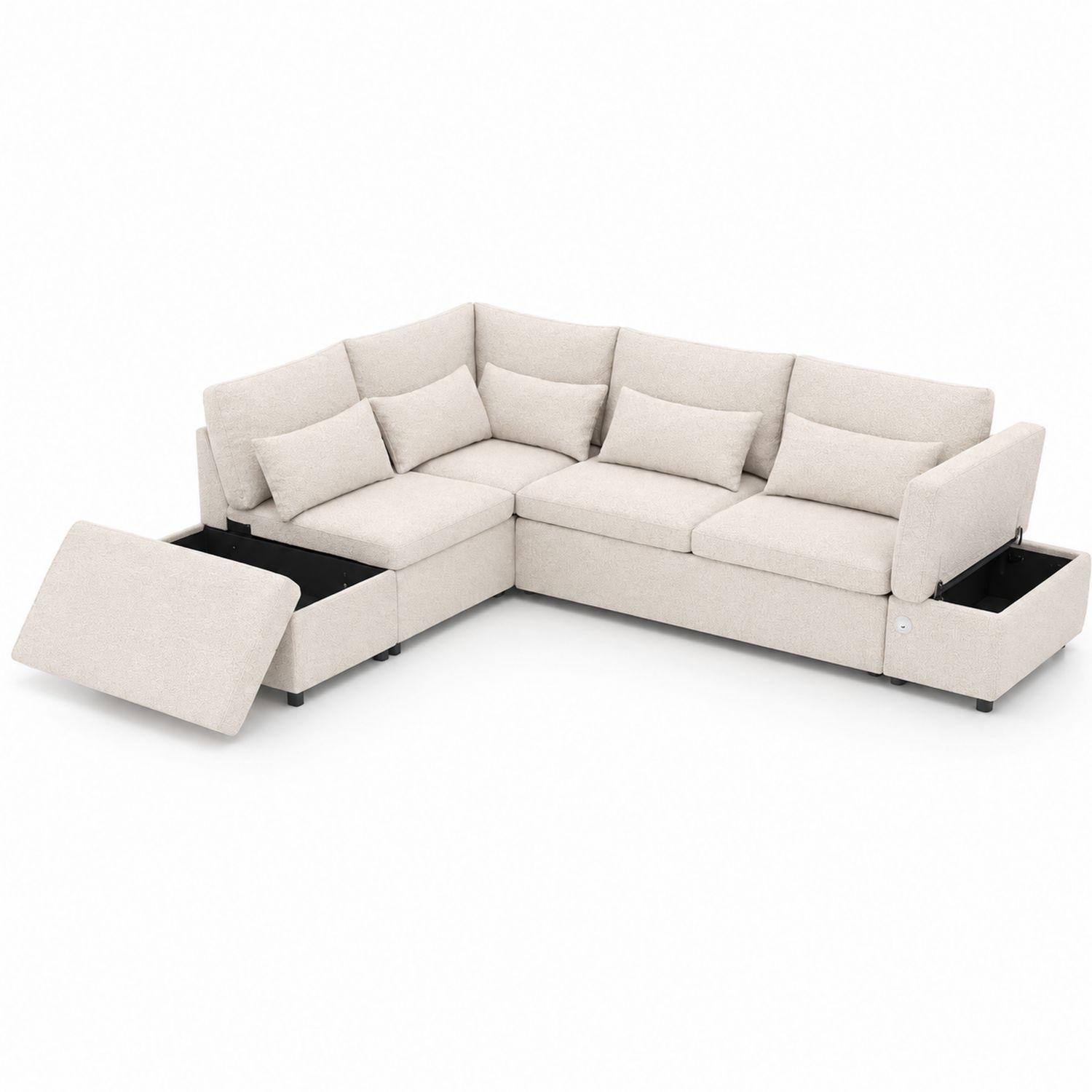 Sofá rinconero con almacenamiento de lino beige 250cm