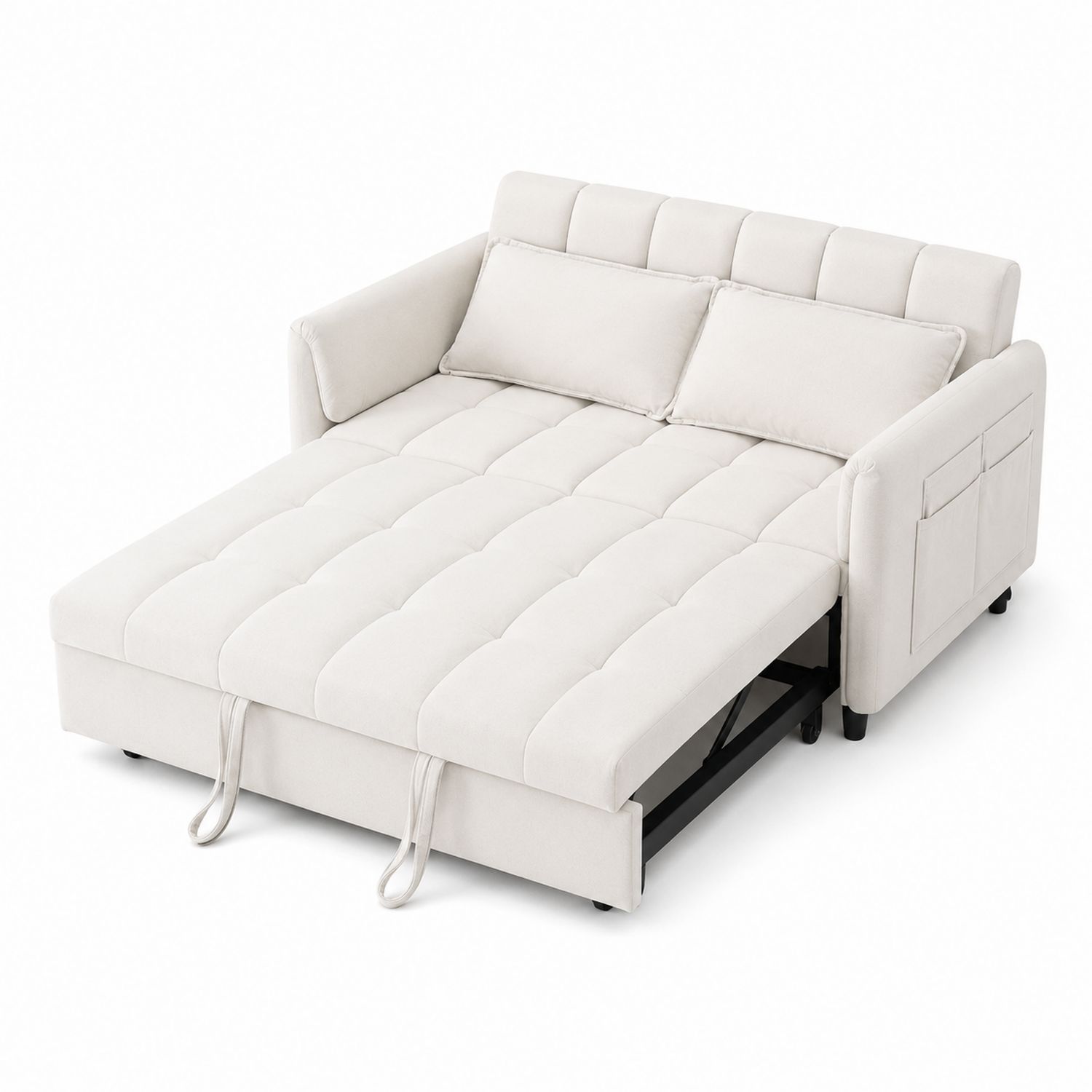 Sofá cama de tela beige con almacenamiento lateral