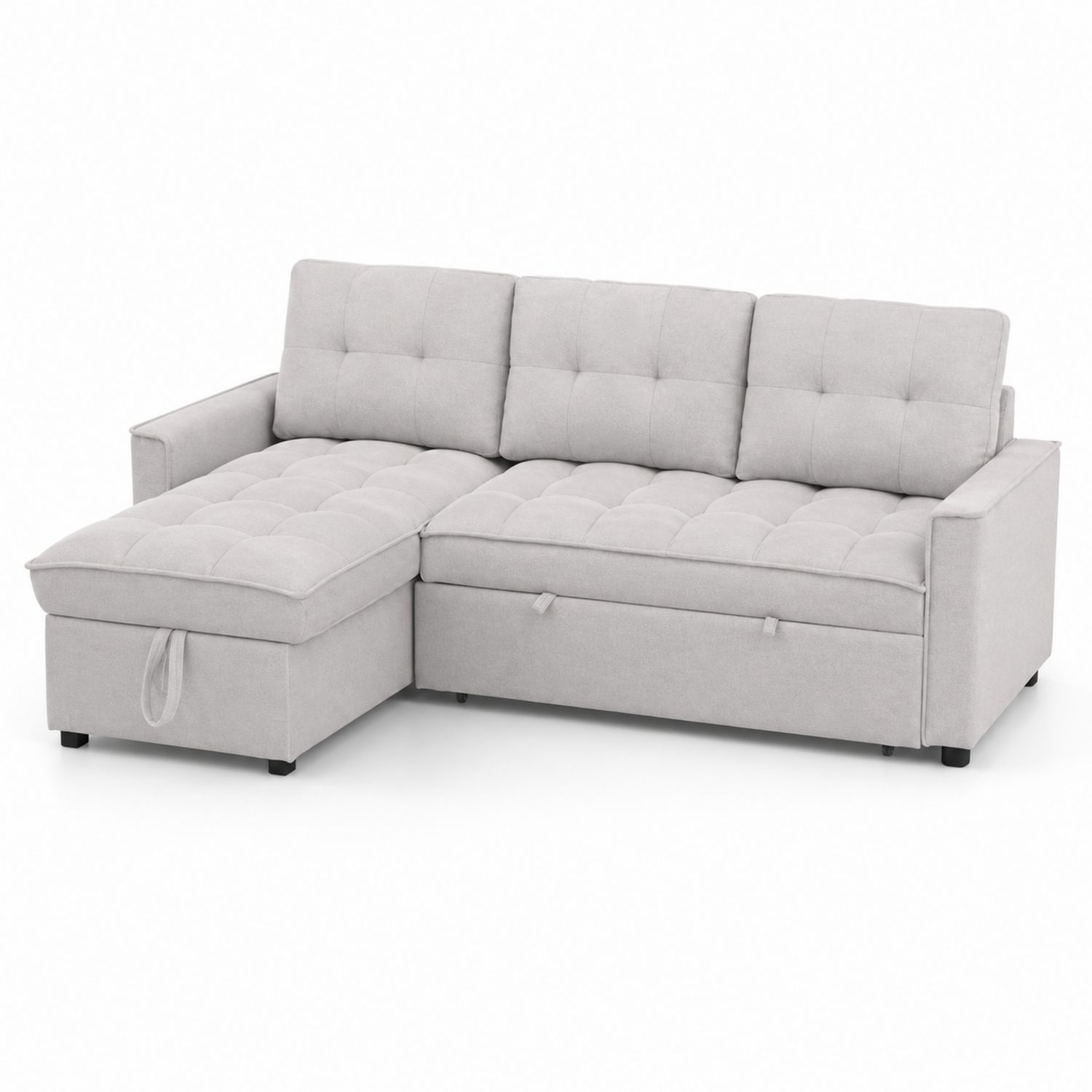 Sofá chaise longue de tela gris claro con almacenaje