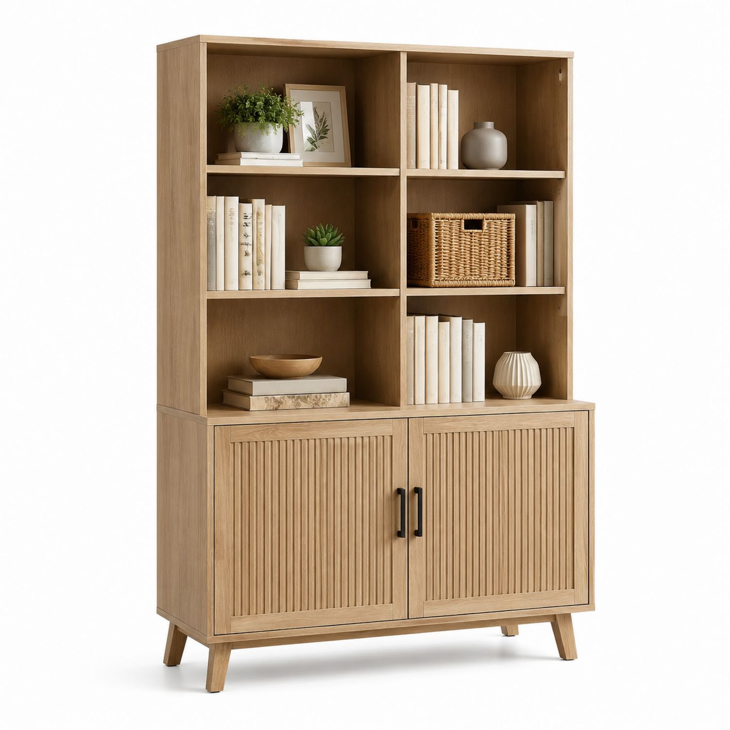 Librería de madera de roble con puertas y estanterías abiertas