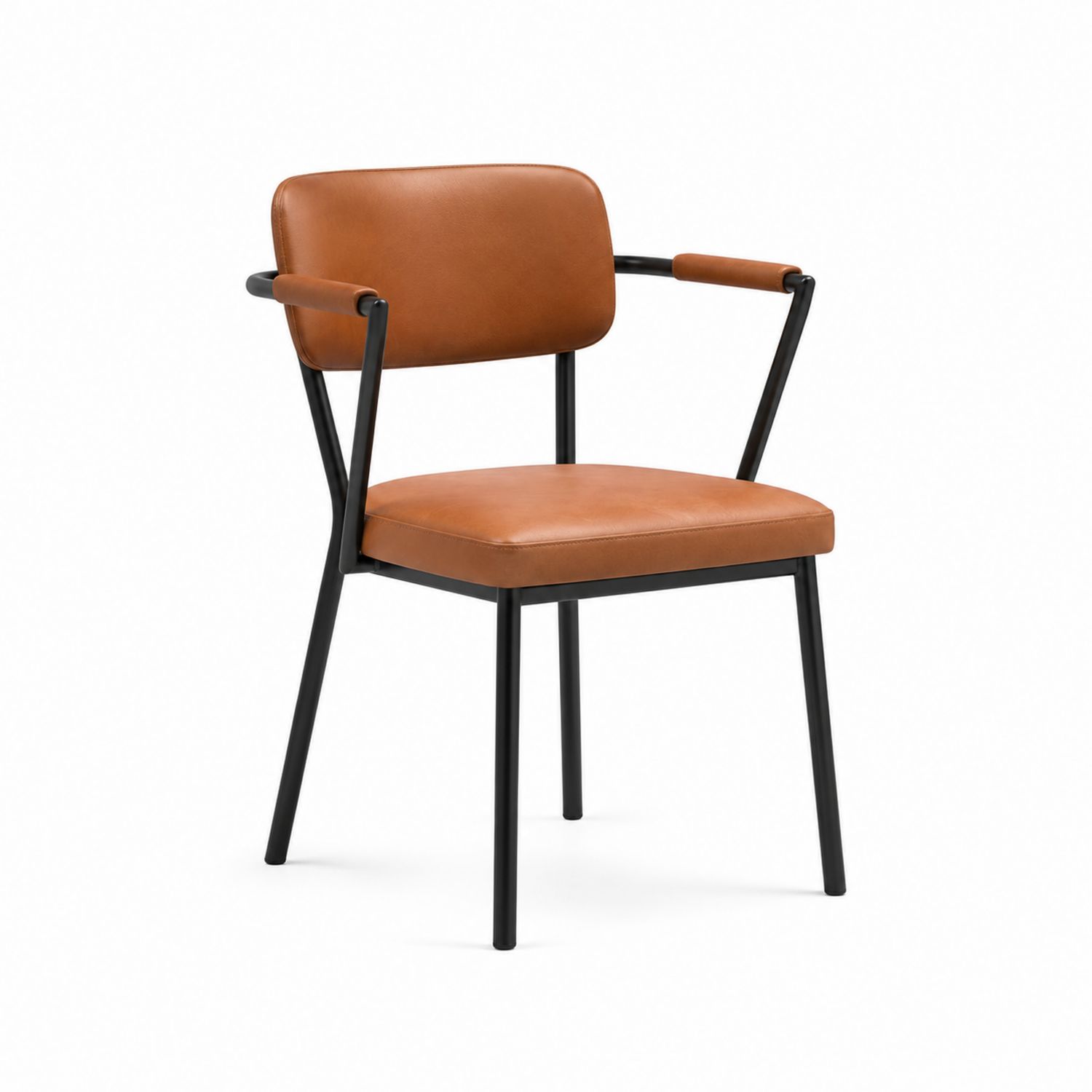 Silla de metal con tapizado de cuero sintético marrón