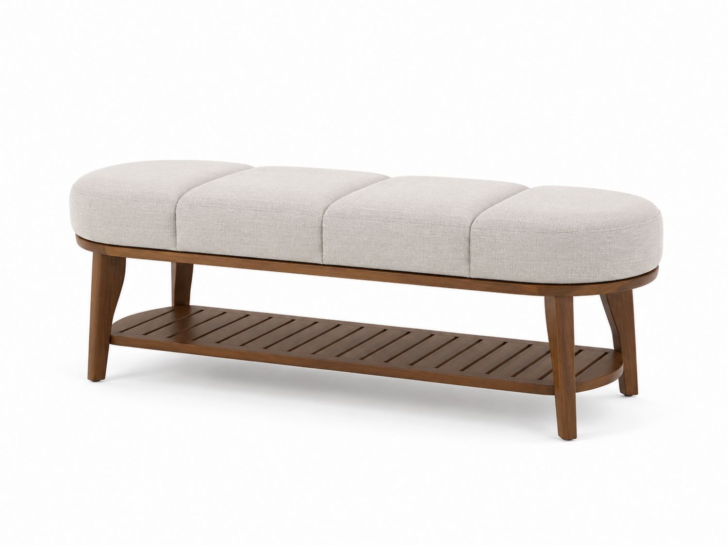 Banco tapizado gris con estructura de madera y estante inferior, 120 cm