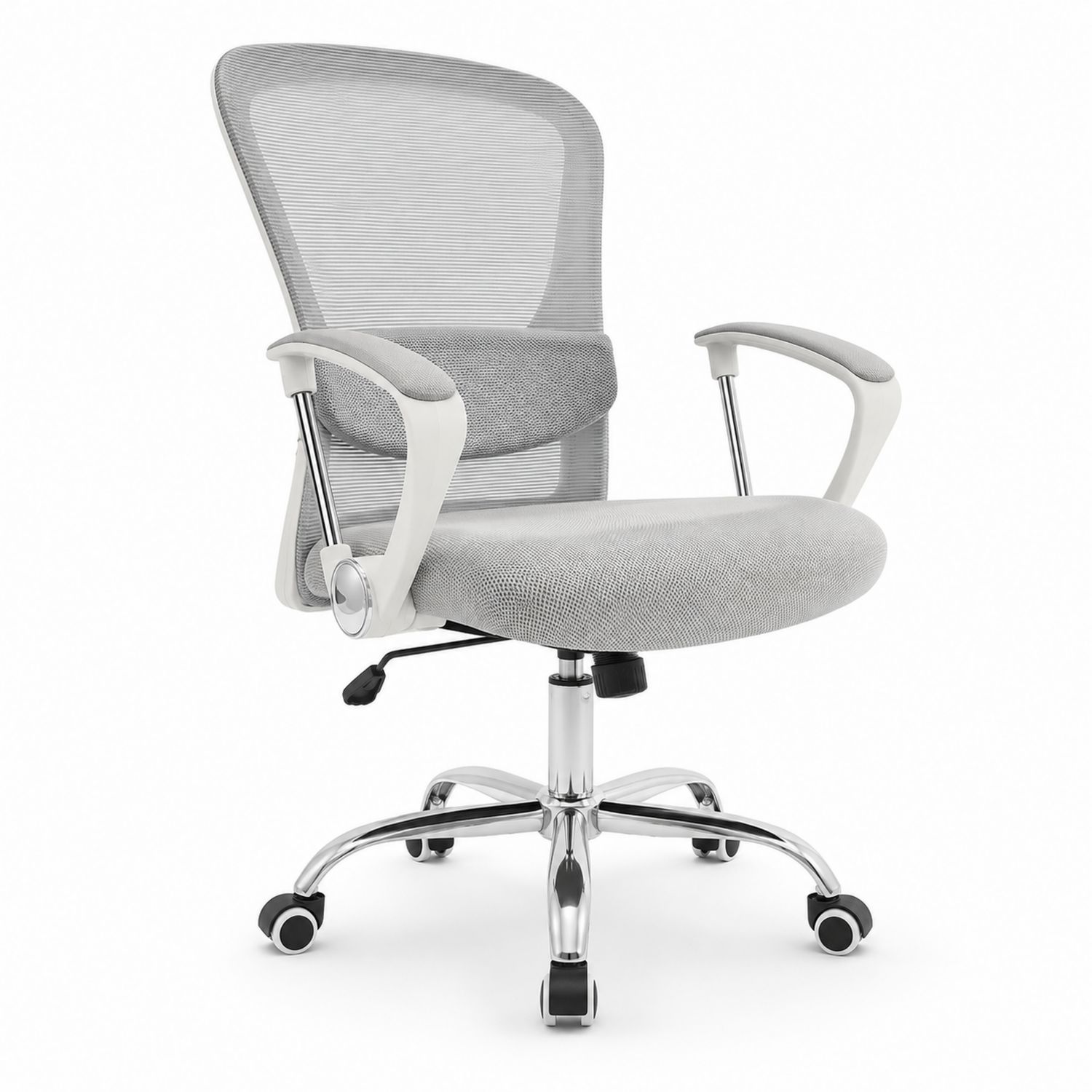 Silla de oficina de malla gris claro con respaldo ajustable y ruedas giratorias