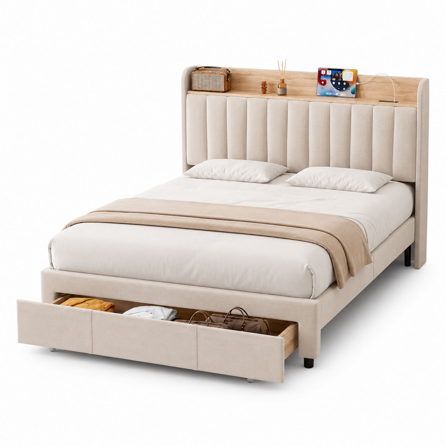 Cama doble con almacenamiento de madera y poliéster beige