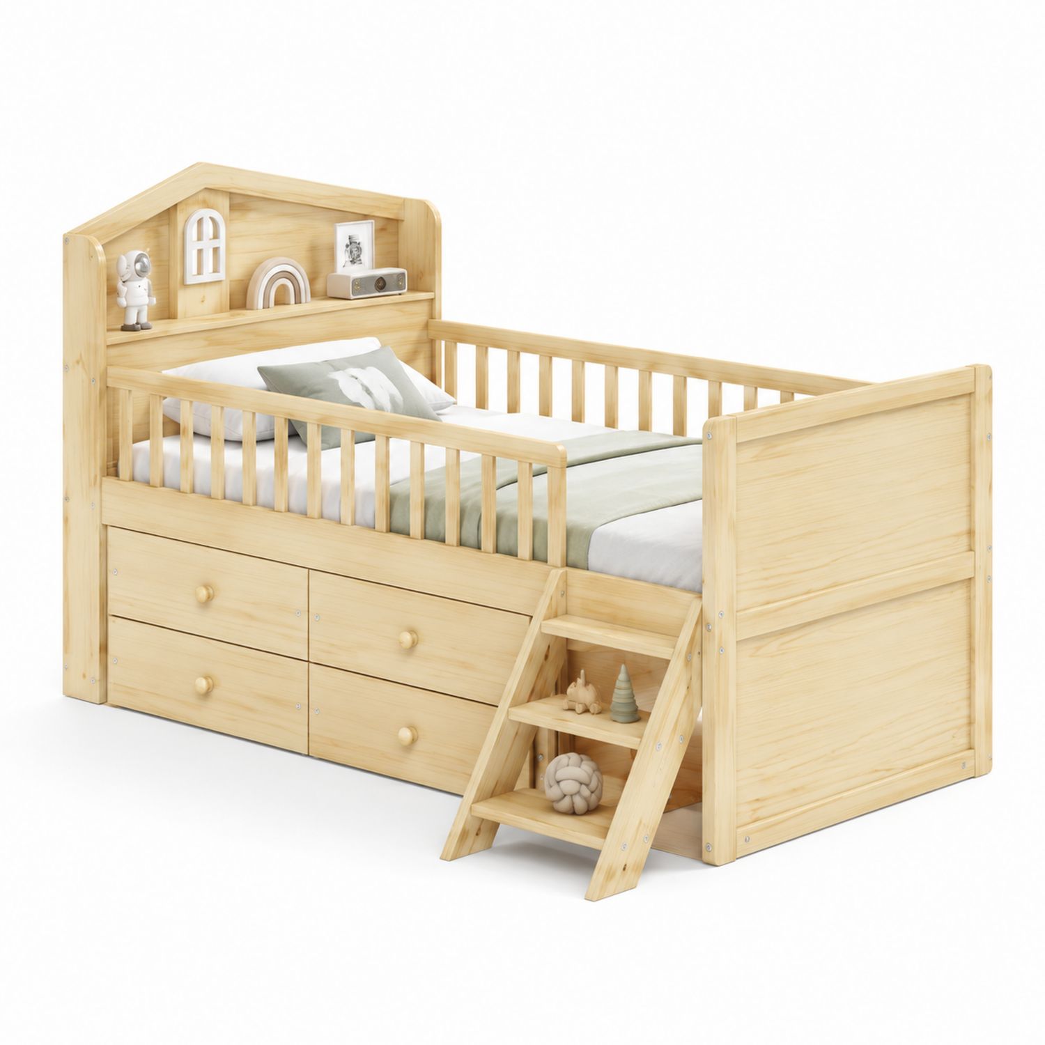 Cama de madera de pino con cajones y escalera 200x100x90 cm