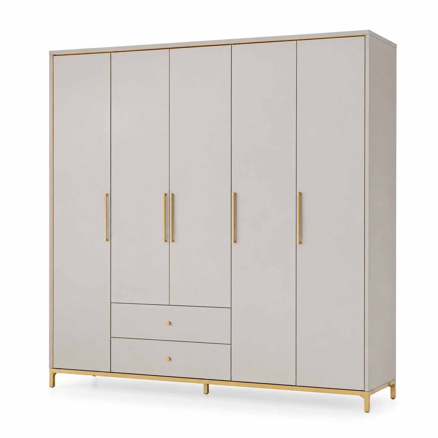 Armario de Dormitorio de Cuatro Puertas con Cajones en MDF Gris y Acero Dorado