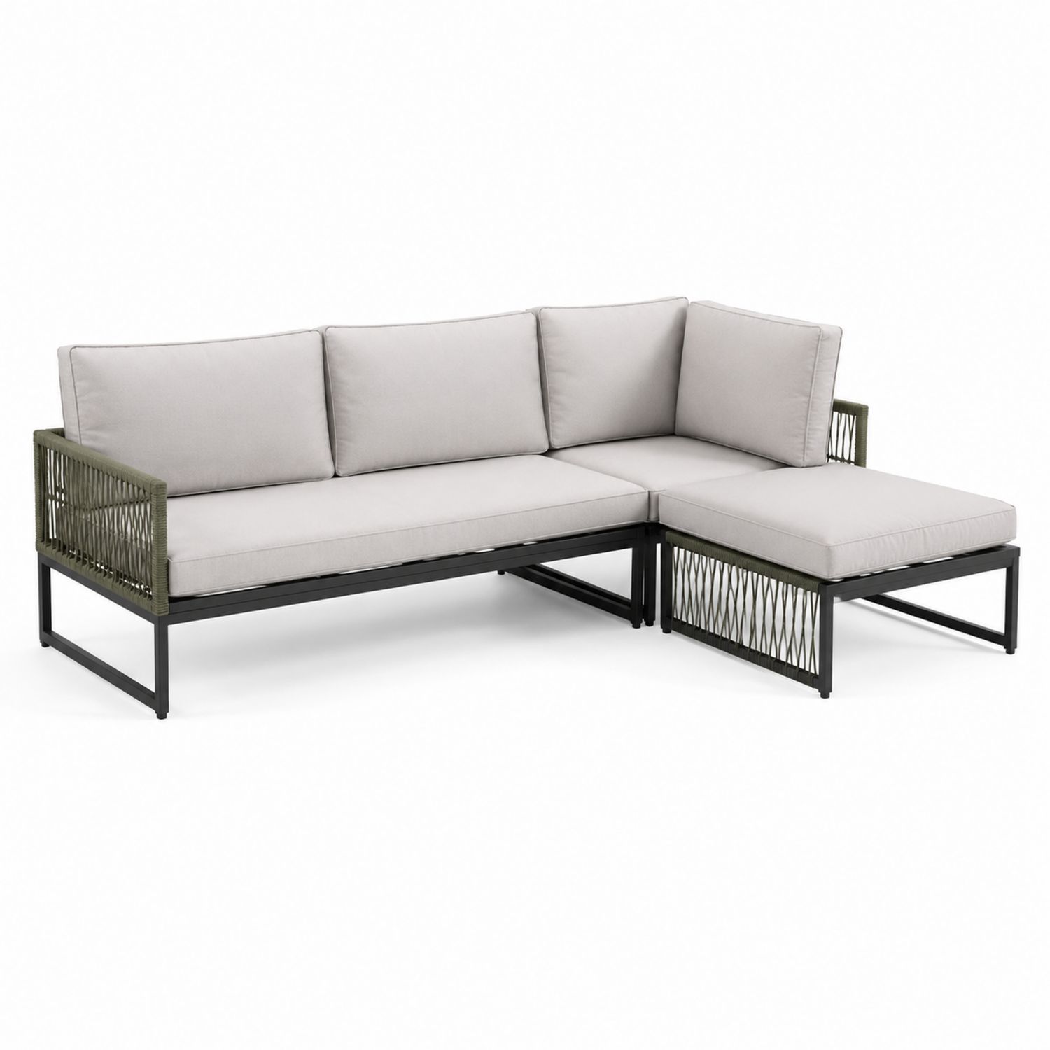Sofá esquinero de metal y cojín gris para exterior