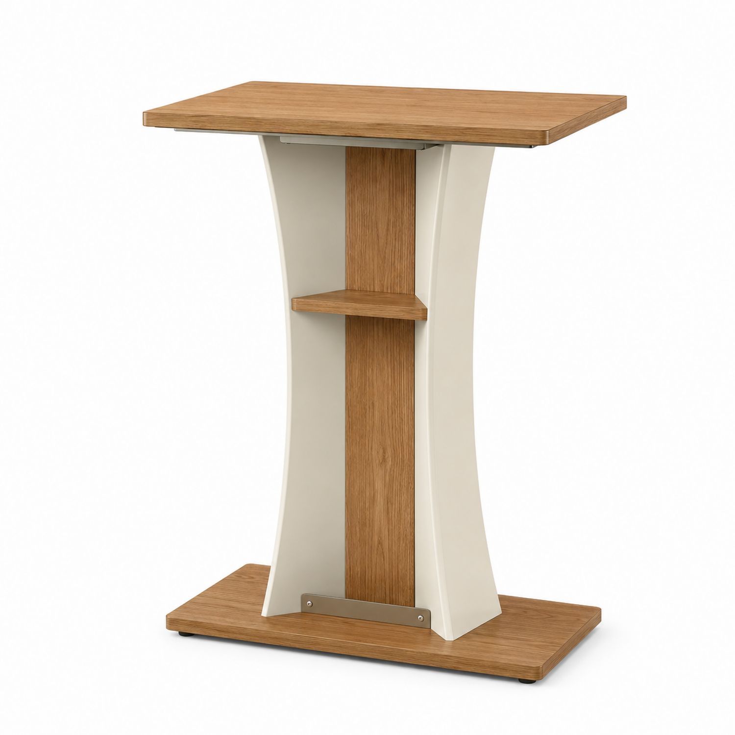 Mesa consola alta de madera y metal, roble y blanco