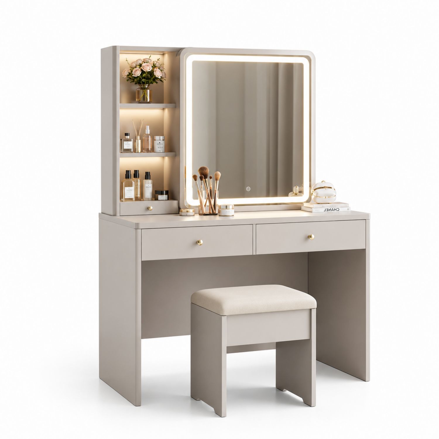 Tocador de Dormitorio con Espejo LED y Taburete Beige