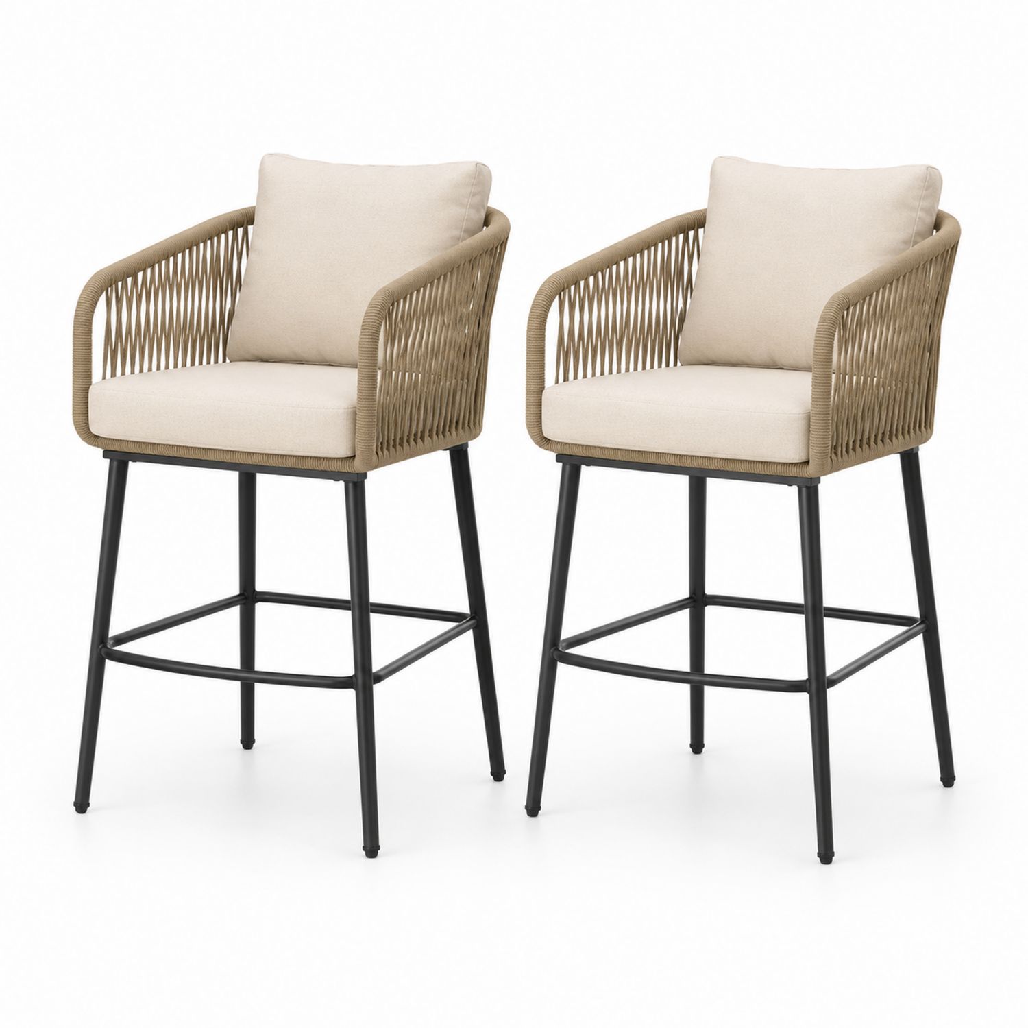 Conjunto de 2 sillas de exterior de cuerda y cojines, estructura de acero, beige