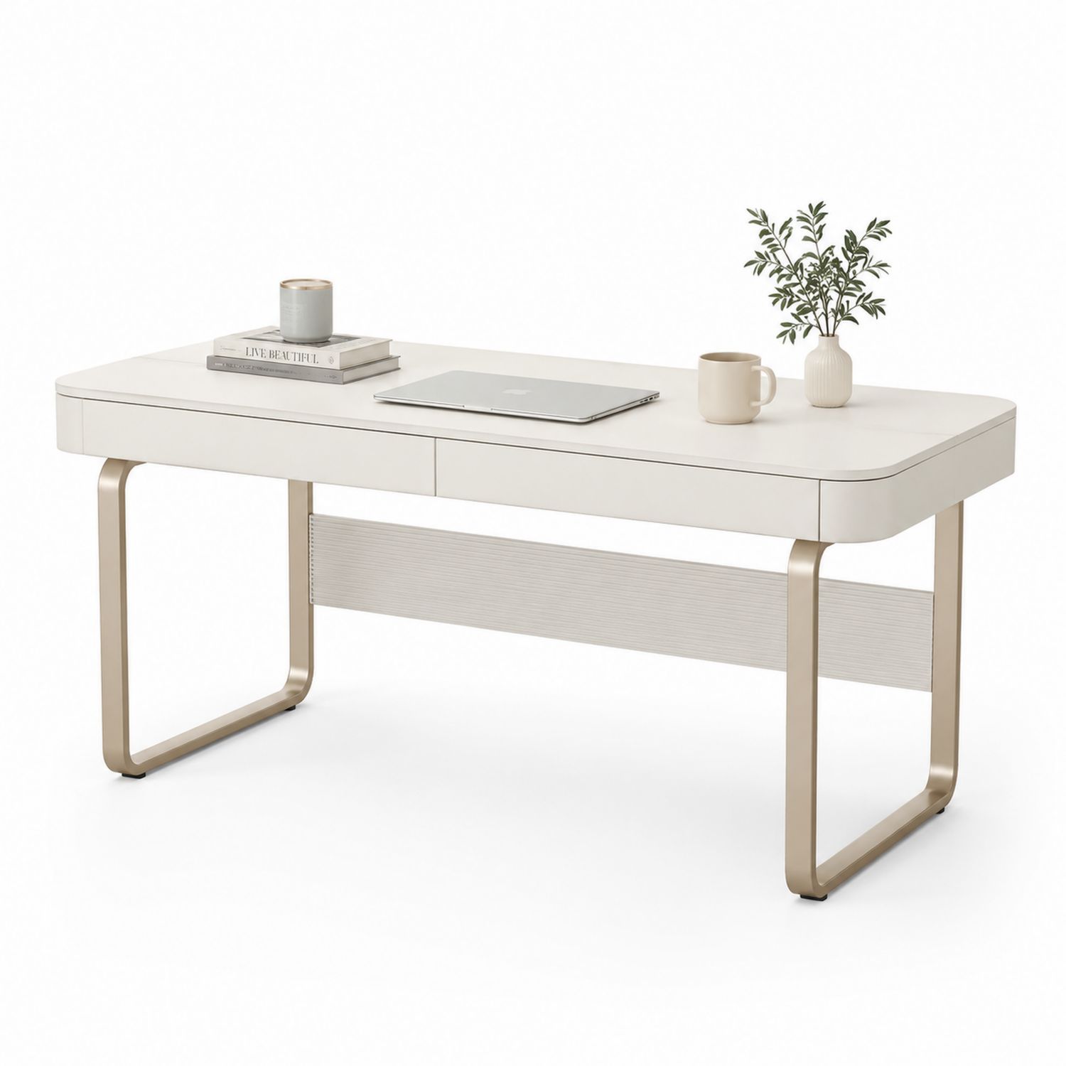 Escritorio de MDF Blanco y Metal Dorado con Cajones 140x60 cm
