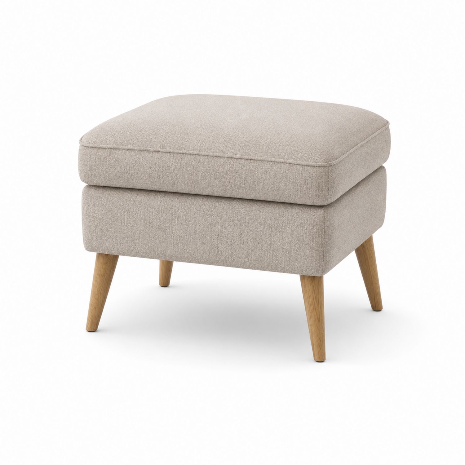 Puf de tela poliéster beige con patas de madera de roble