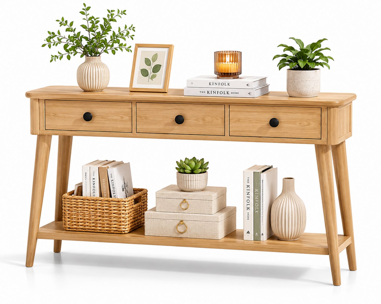 Mesa consola de madera de roble con 3 cajones y estante inferior