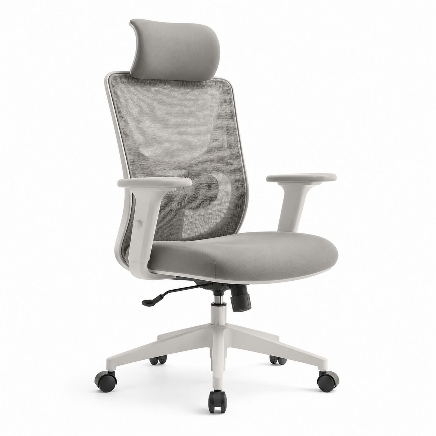 Silla de oficina ergonómica con respaldo de malla y asiento en tela gris