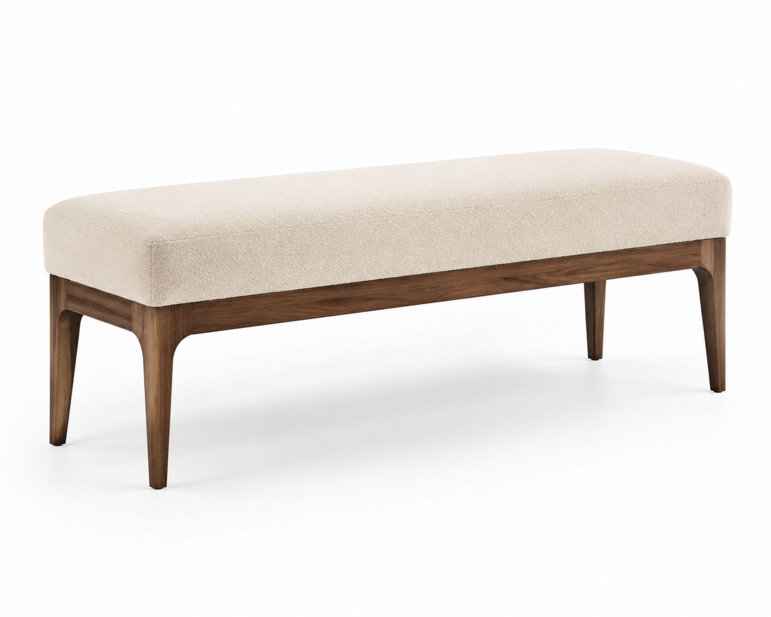 Banco de madera nogal y tapizado en tela beige 140x40x45 cm