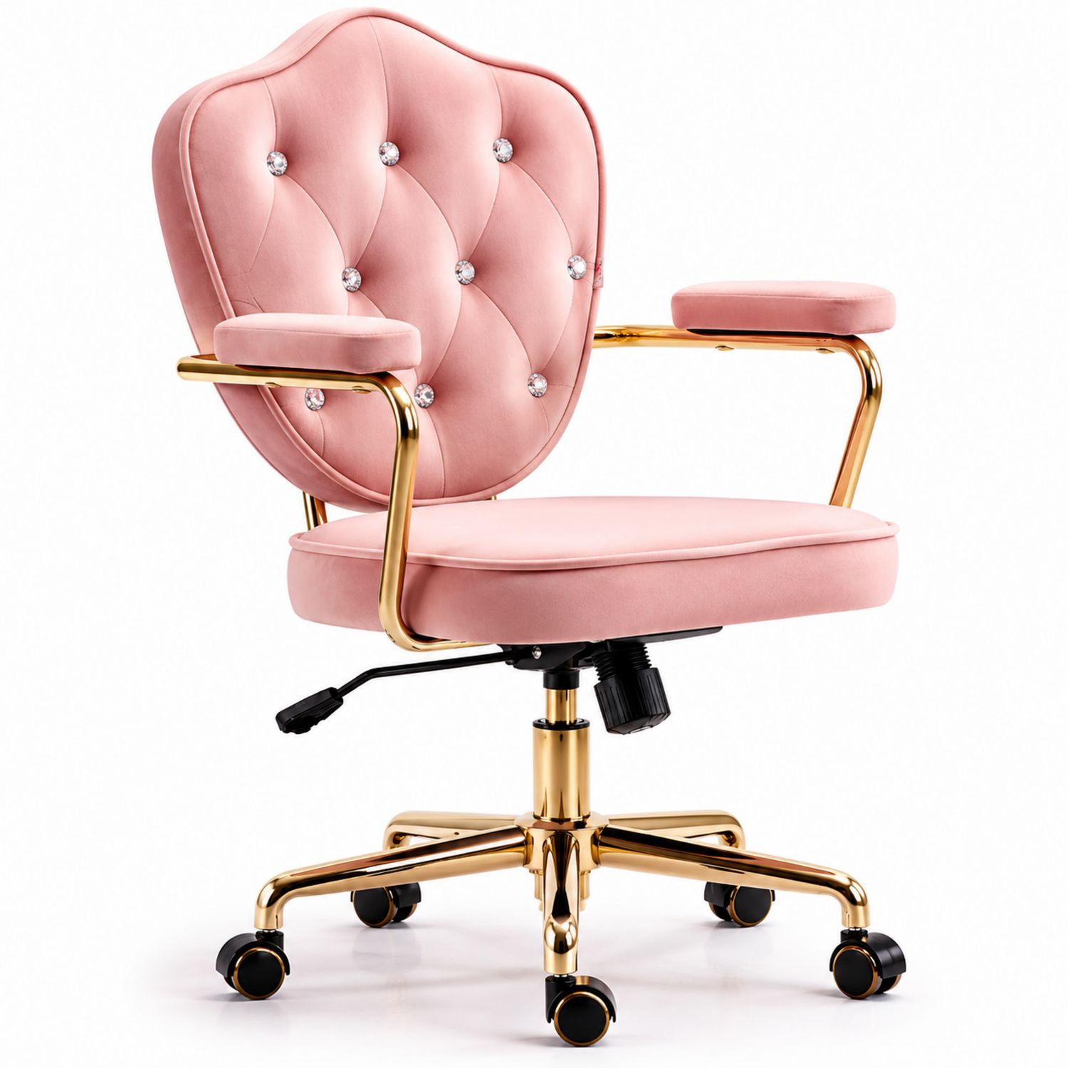 Silla de Oficina de Terciopelo Rosa con Estructura Metálica Dorada