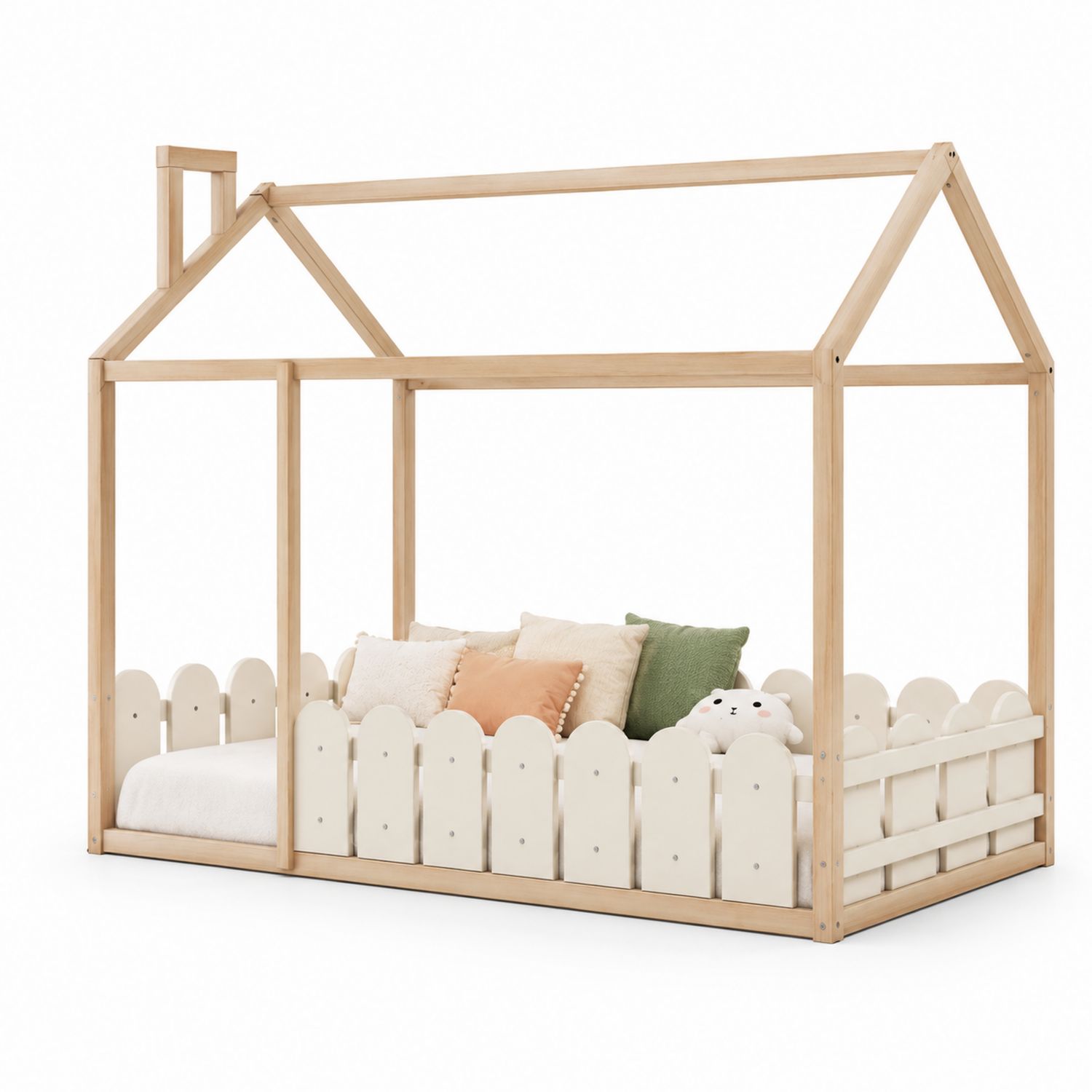 Cama infantil de madera tipo casa con barandilla 200x90 cm Natural/Blanco