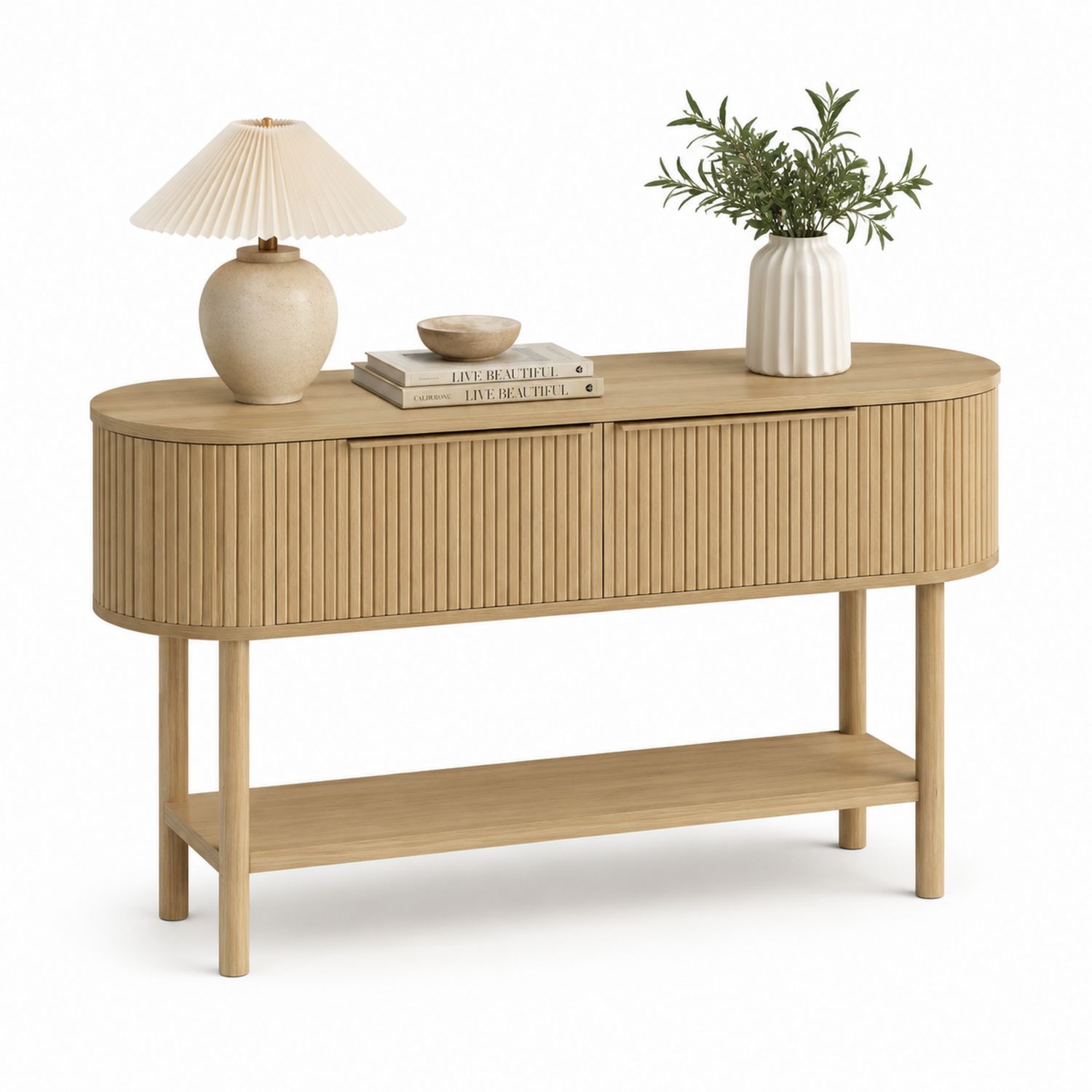 Mesa consola ovalada de madera de roble con almacenamiento