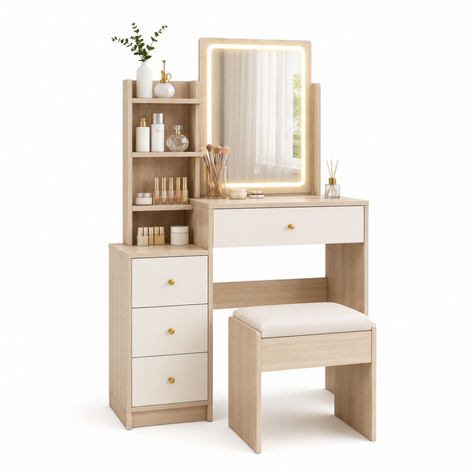 Tocador con espejo LED y taburete de madera beige y blanco