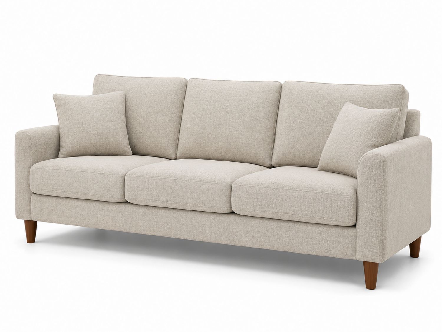Sofá de 3 plazas de tela beige con patas de madera