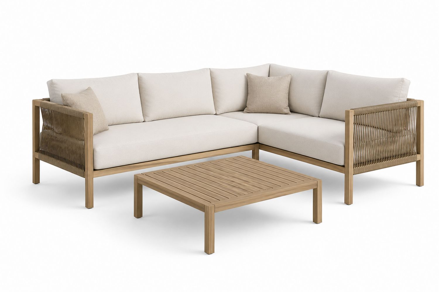 Sofá esquinero de exterior y mesa de centro de madera de teca beige