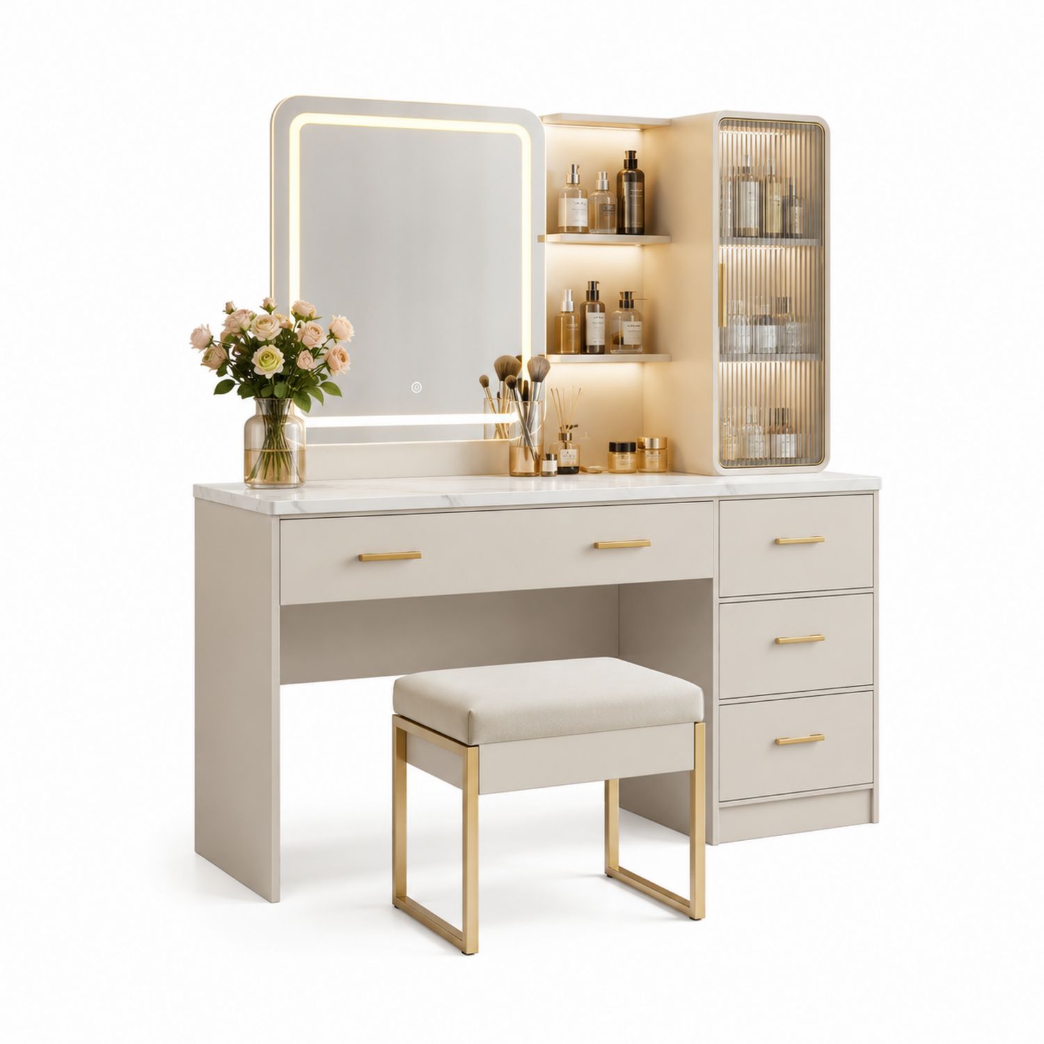 Tocador con Espejo LED y Taburete de MDF y Vidrio Templado Beige