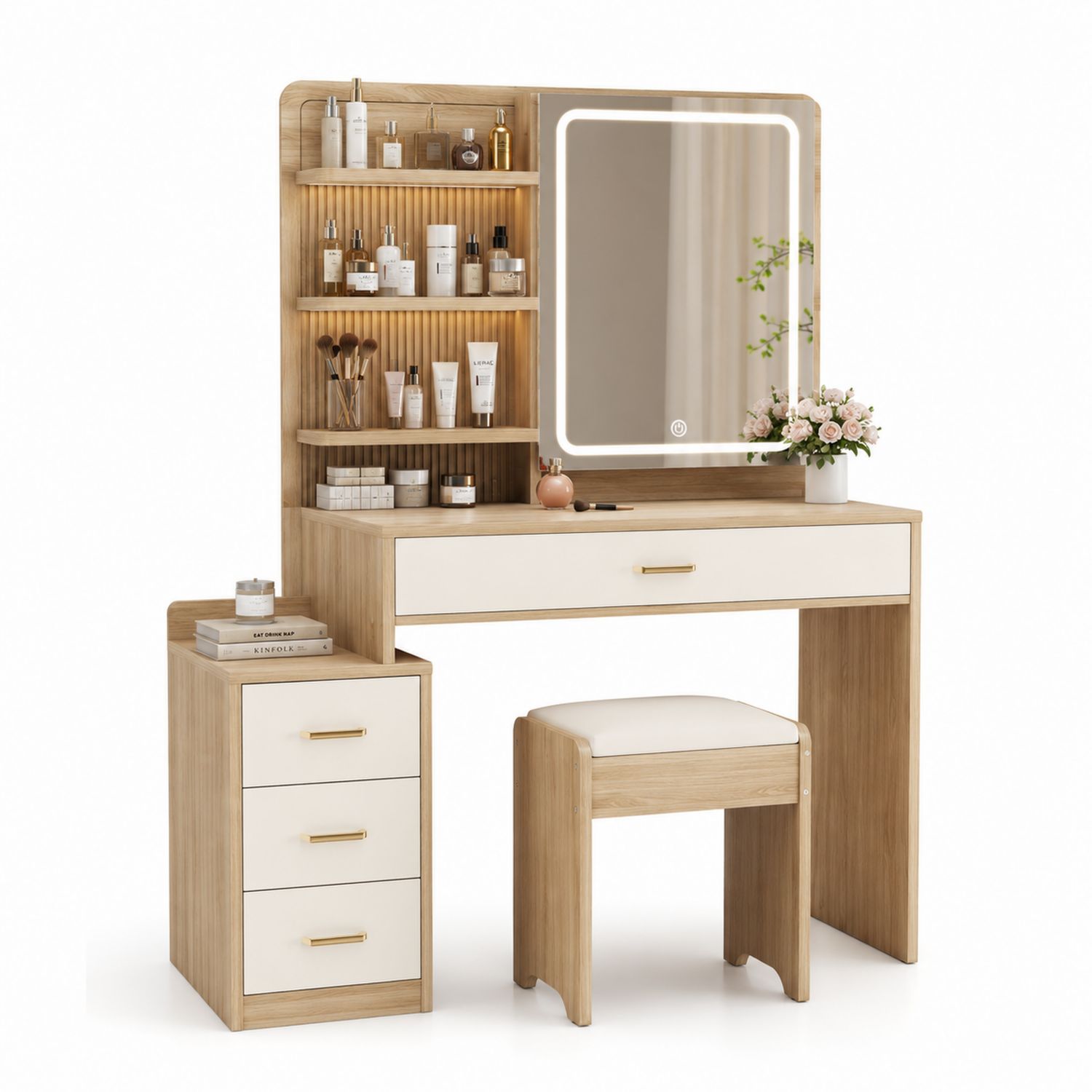 Tocador de dormitorio con espejo LED y taburete, madera y aglomerado, color Roble Claro/Blanco