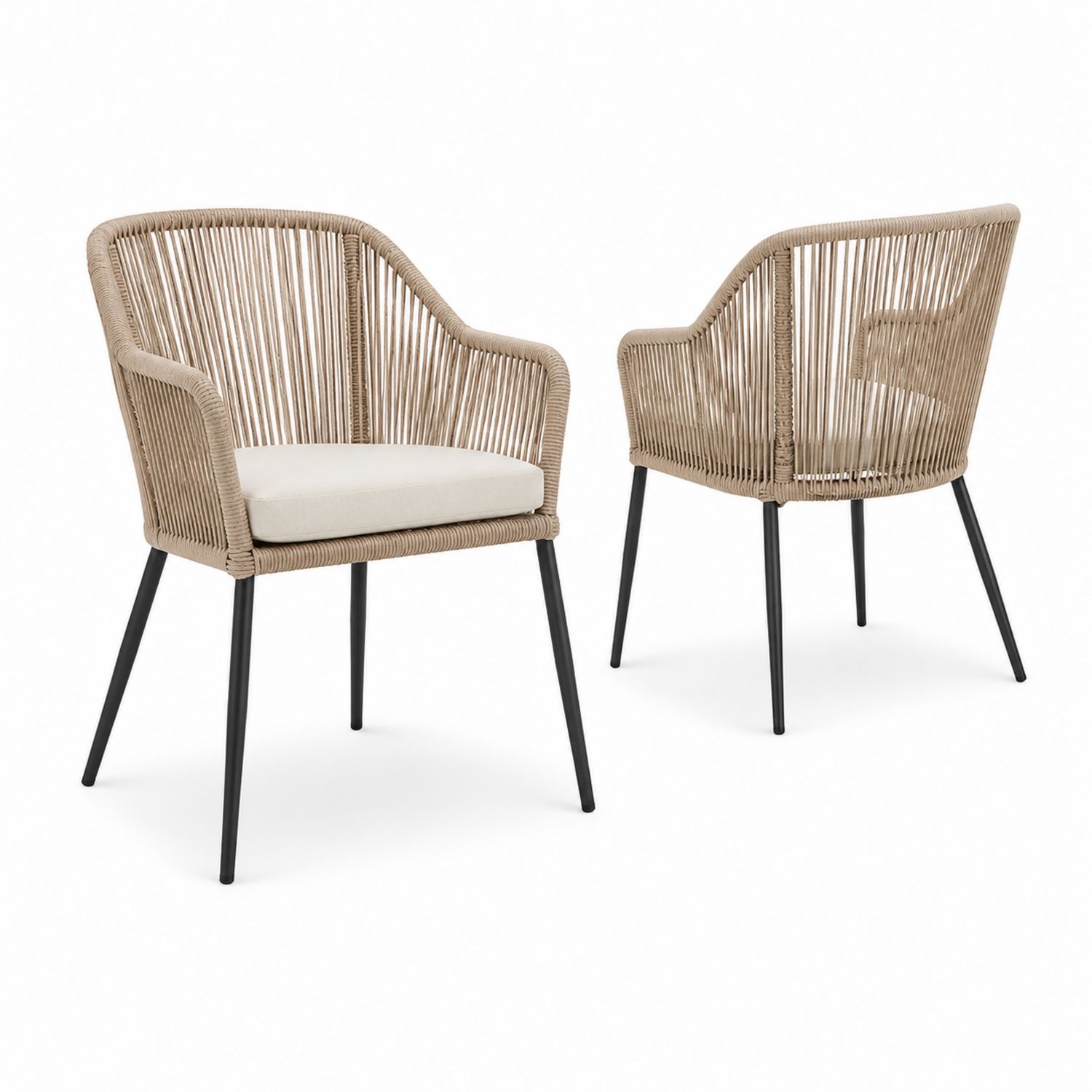 Set de 2 sillas de cuerda de polietileno con cojín beige y patas metálicas negras