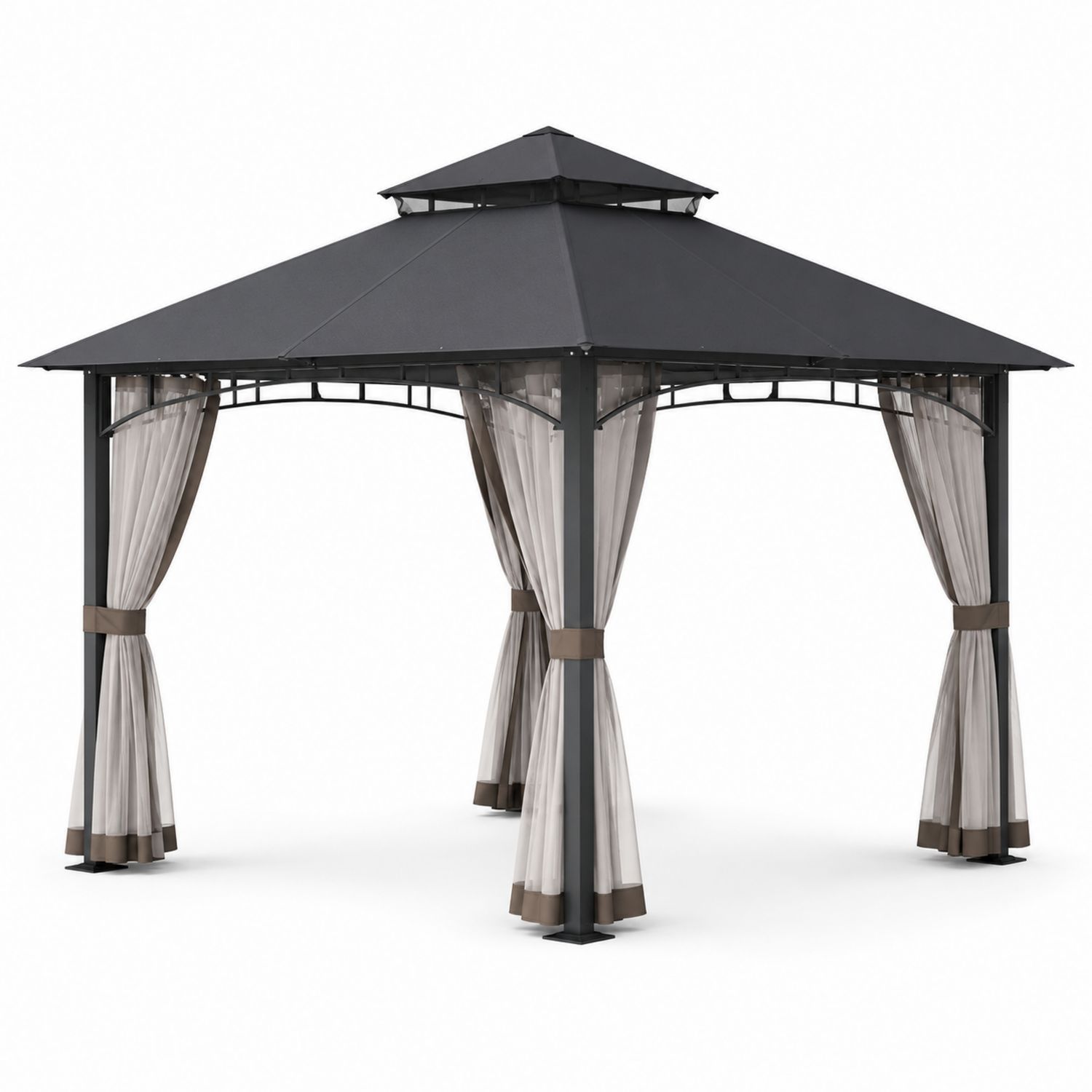 Cenador de metal con techo de poliéster y cortinas 3x3 m