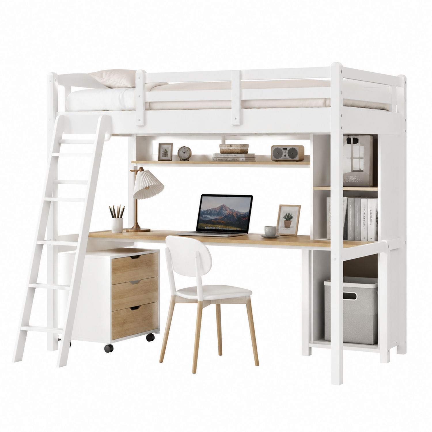 Cama Alta de Madera y MDF con Escritorio Blanco