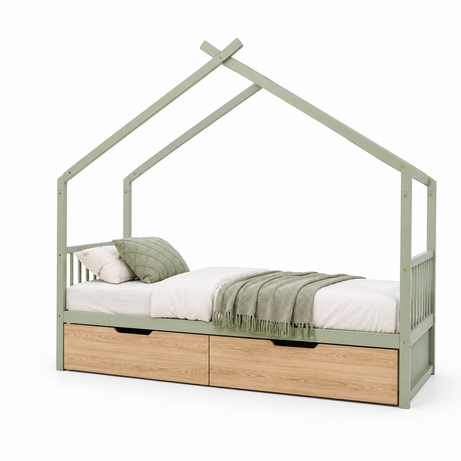 Cama infantil con almacenamiento, forma de casa, madera de pino, Verde/Madera