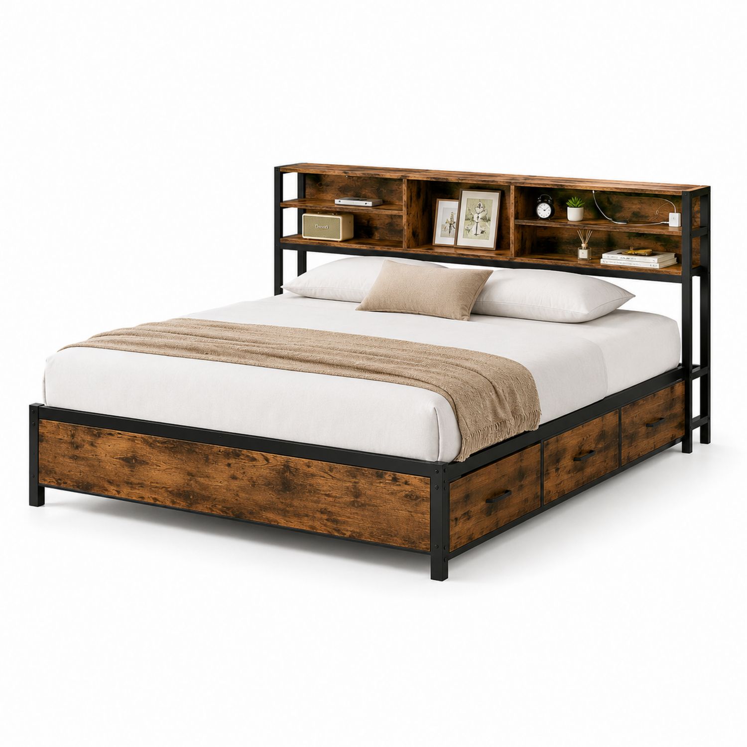 Cama doble con cabecero estantería de madera y metal marrón/negro 200x150 cm