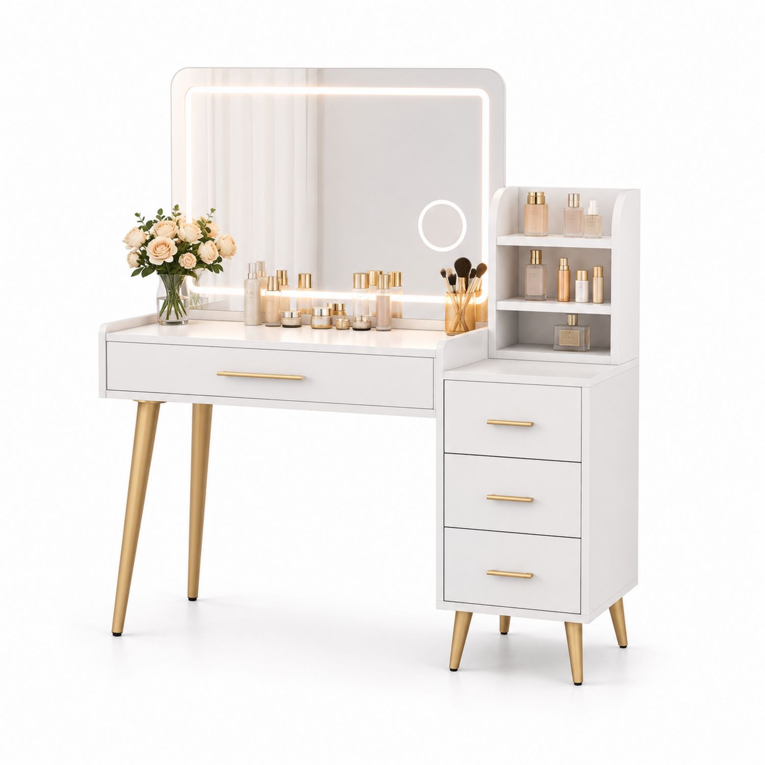 Tocador con espejo LED, 3 cajones, MDF y metal dorado, Blanco