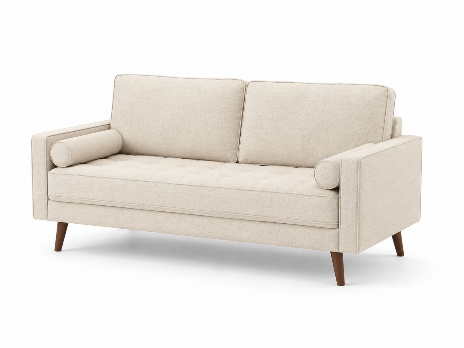 Sofá de tela beige con patas de madera
