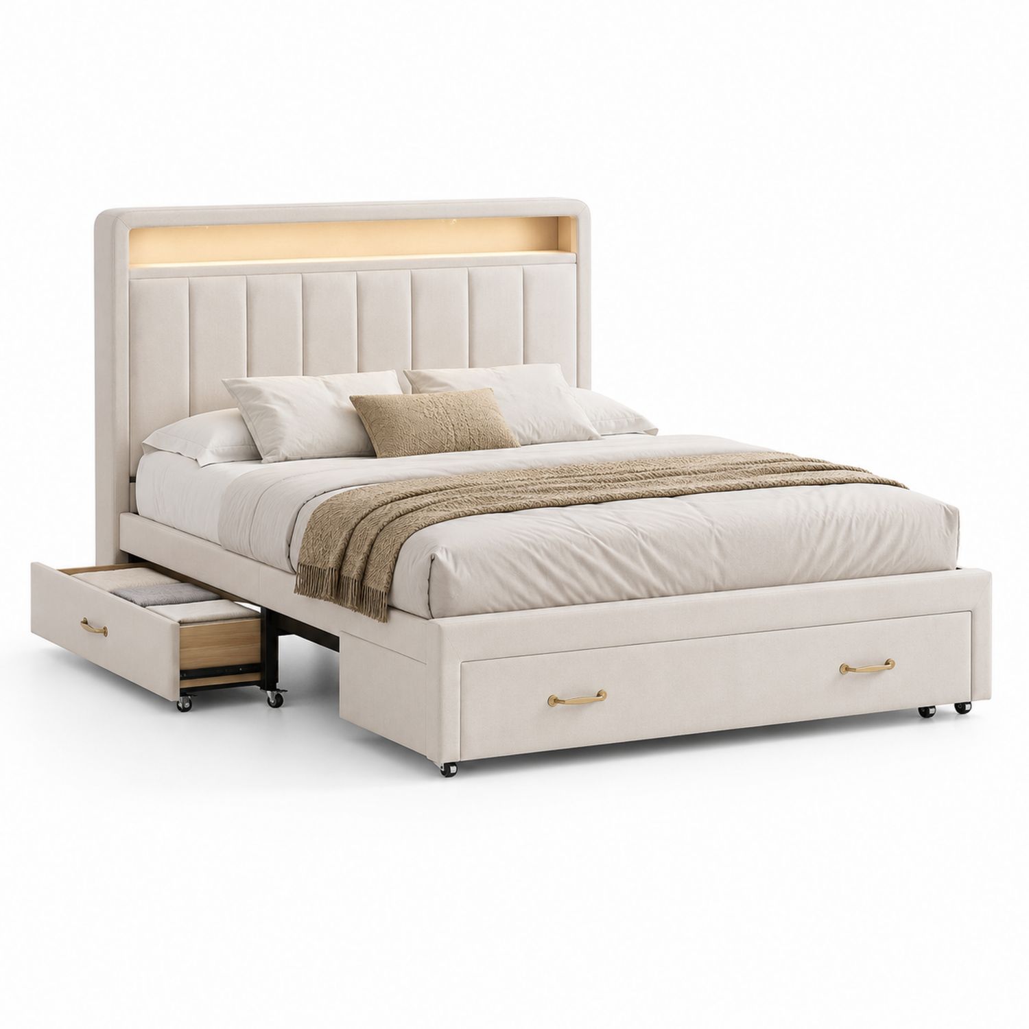 Cama tapizada con almacenamiento y cajones 200x150 cm Beige