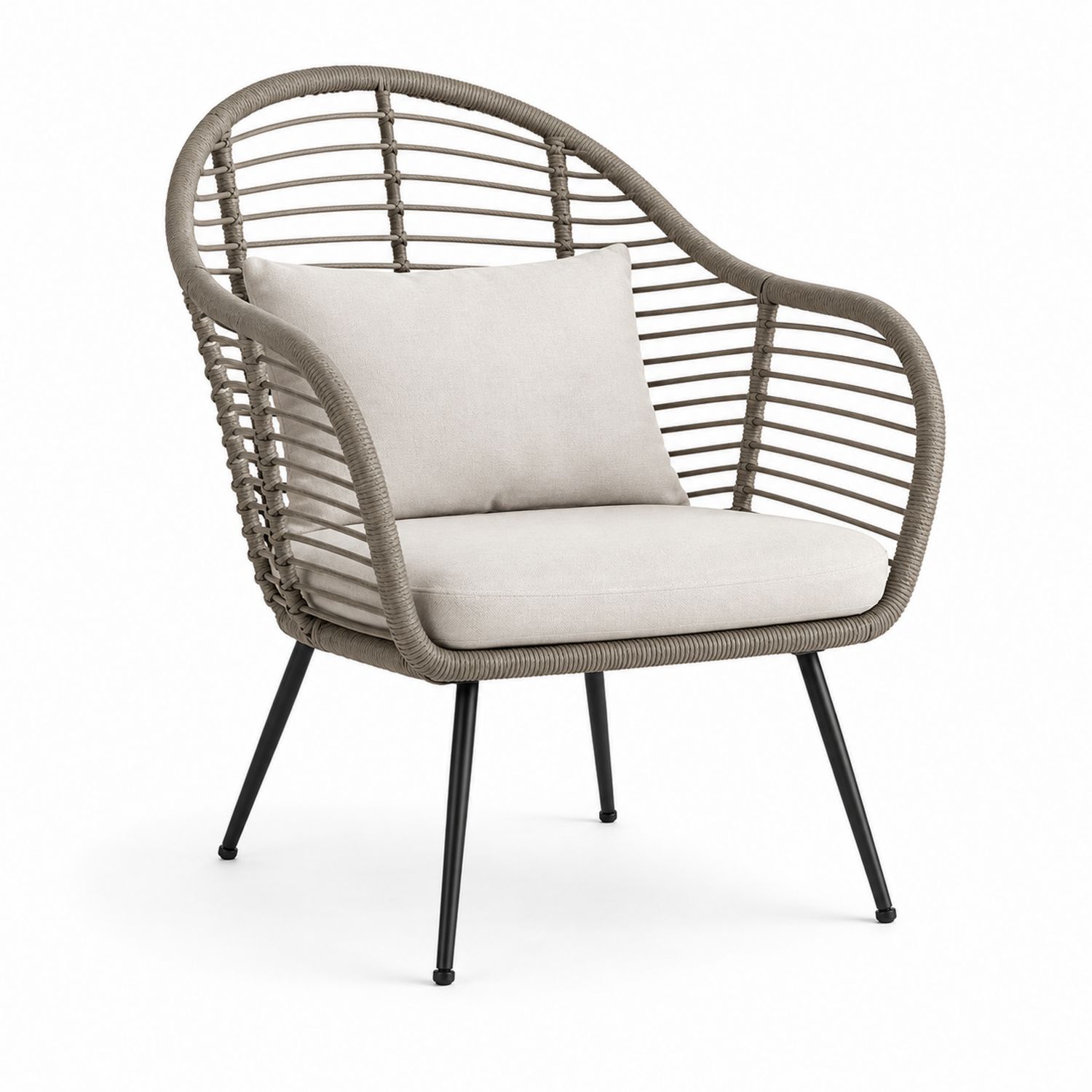 Silla de exterior de ratán sintético y metal con cojines, 75x80x86 cm, Crema/Taupe